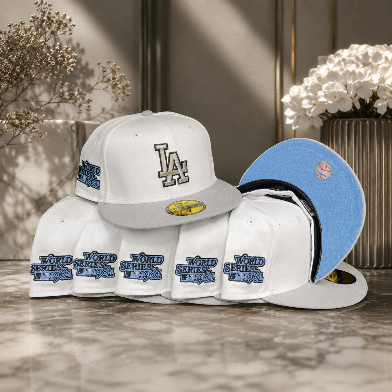 Los Angeles Dodgers 1981 World Series 59FIFTY Fitted Hat White Baby Blue UV "DESIGNER" | New Era