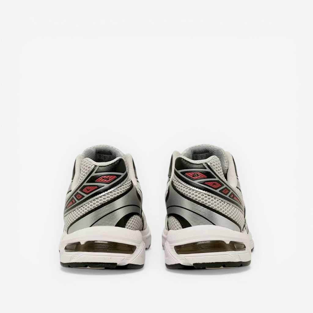 Rear view of silver and white ASICS sneakers with mesh details, ideal athletic footwear