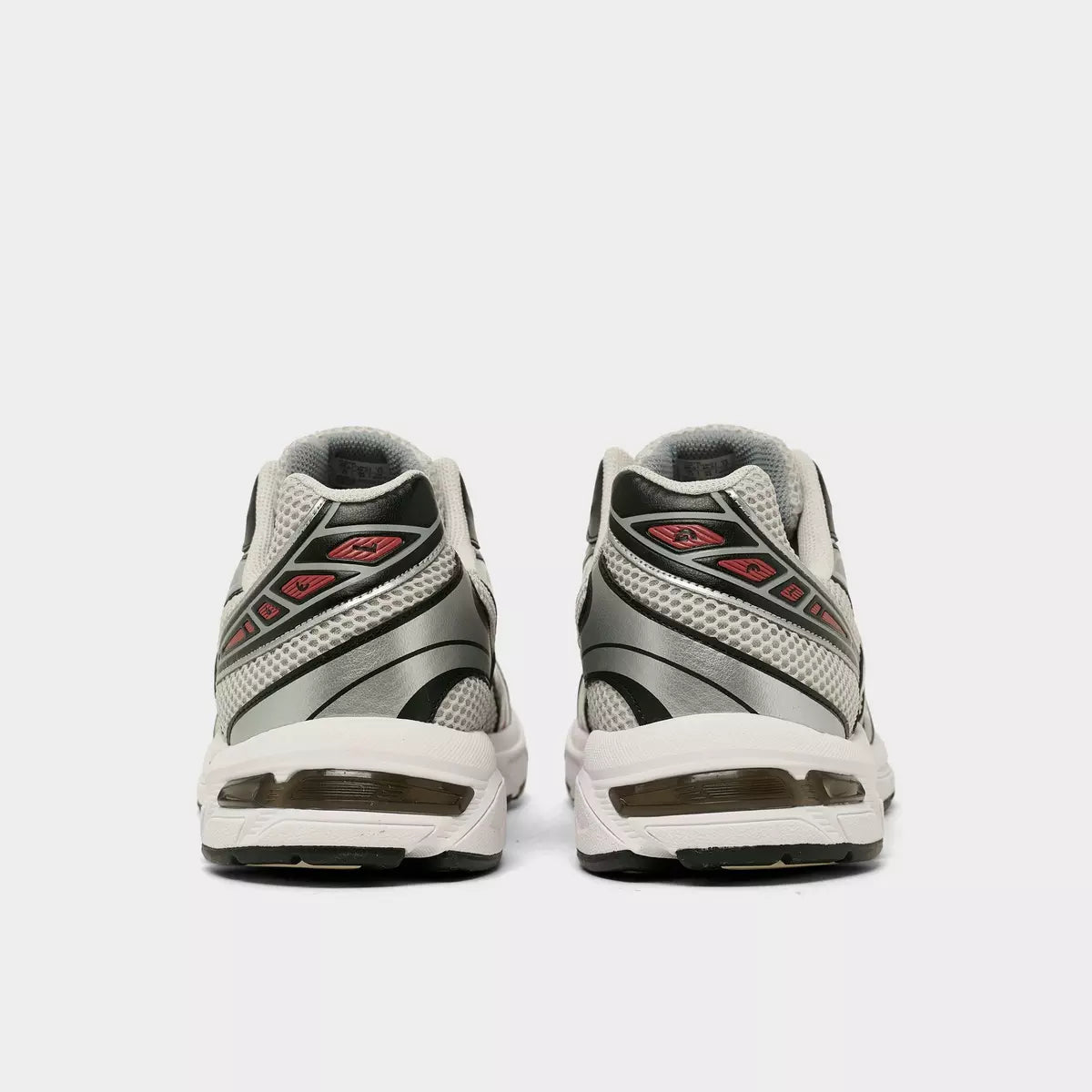 Rear view of silver and white ASICS sneakers with mesh details, ideal athletic footwear