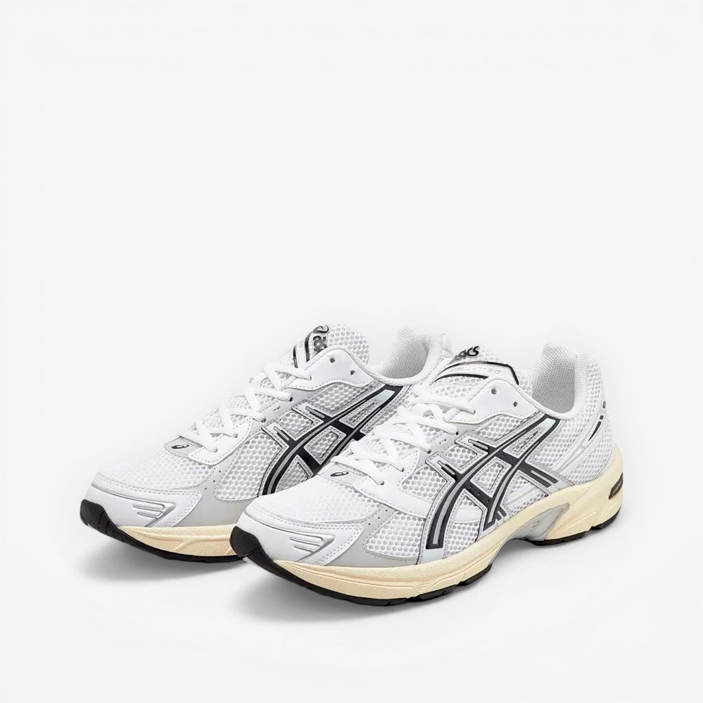 ASICS white mesh sneakers with black accents, athletic footwear, unisex lifestyle shoes