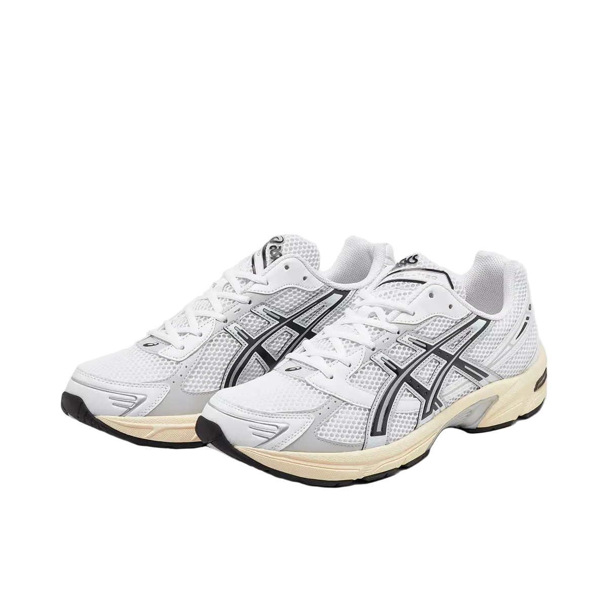 ASICS white mesh sneakers with black accents, athletic footwear, unisex lifestyle shoes
