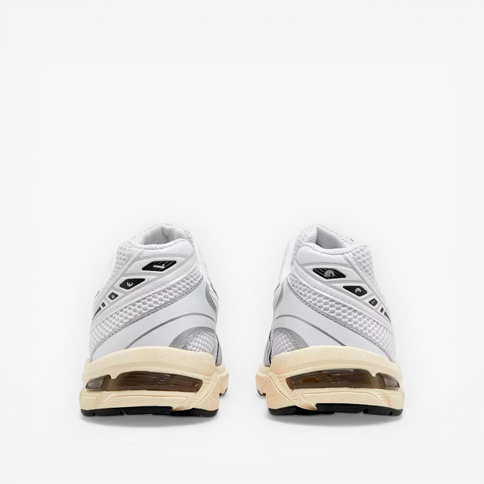 rear view of white ASICS sneakers with mesh and cream soles, footwear, sneakers