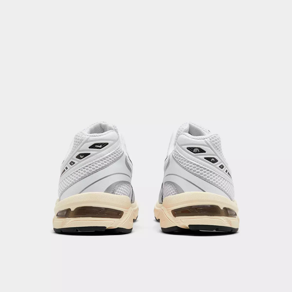 rear view of white ASICS sneakers with mesh and cream soles, footwear, sneakers