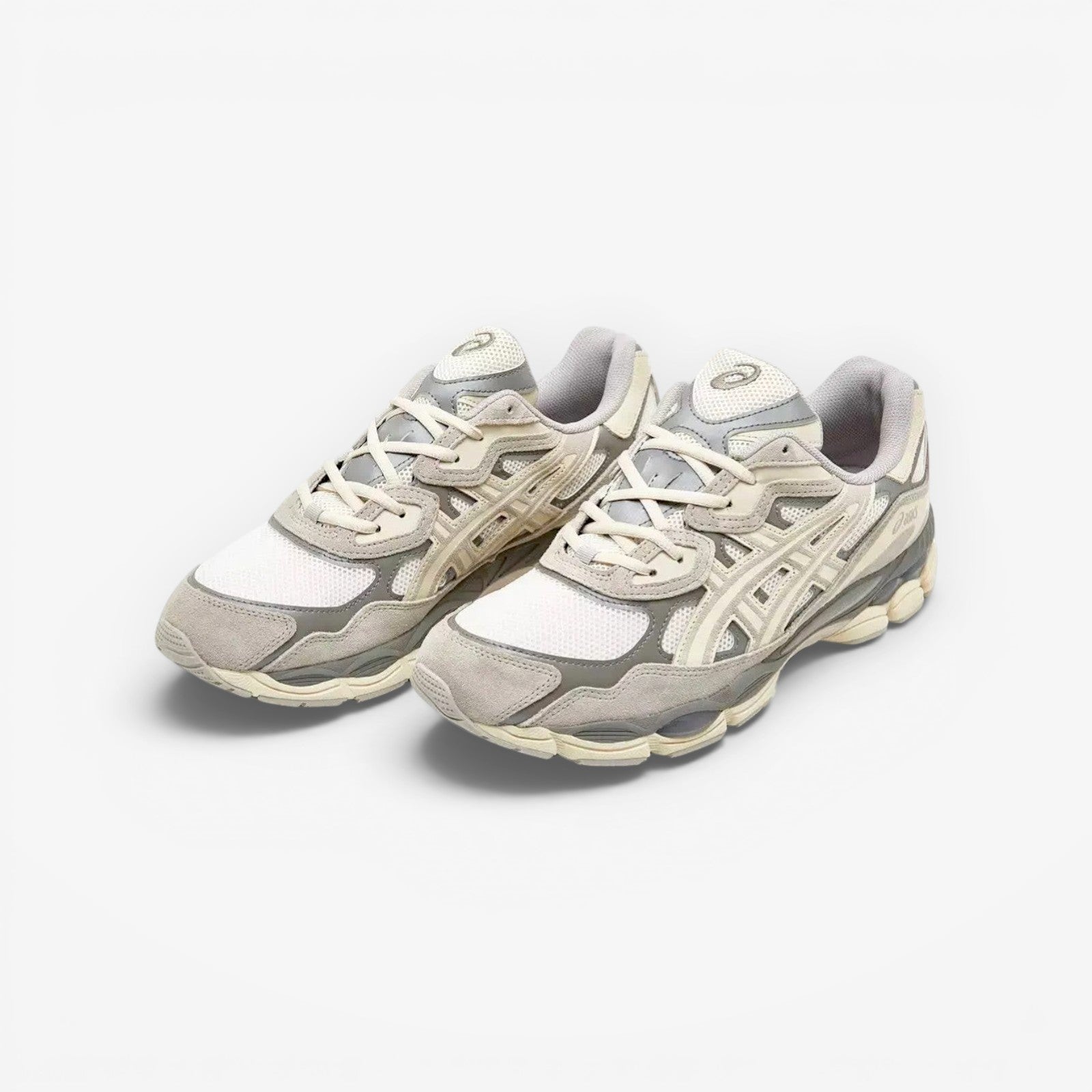 asics footwear sneakers in beige and grey mesh with suede overlays, stylish lifestyle shoes