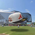 New Era fitted cap with Atlanta Braves logo and patch, floating outside stadium, hats, fitted caps