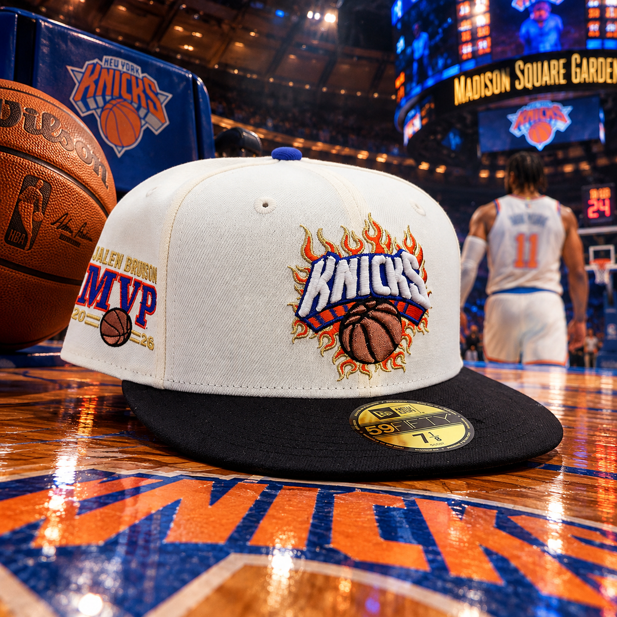 New York Knicks Flames MVP Jalen New Era 59FIFTY Fitted – Chrome / Black / Chrome UV
