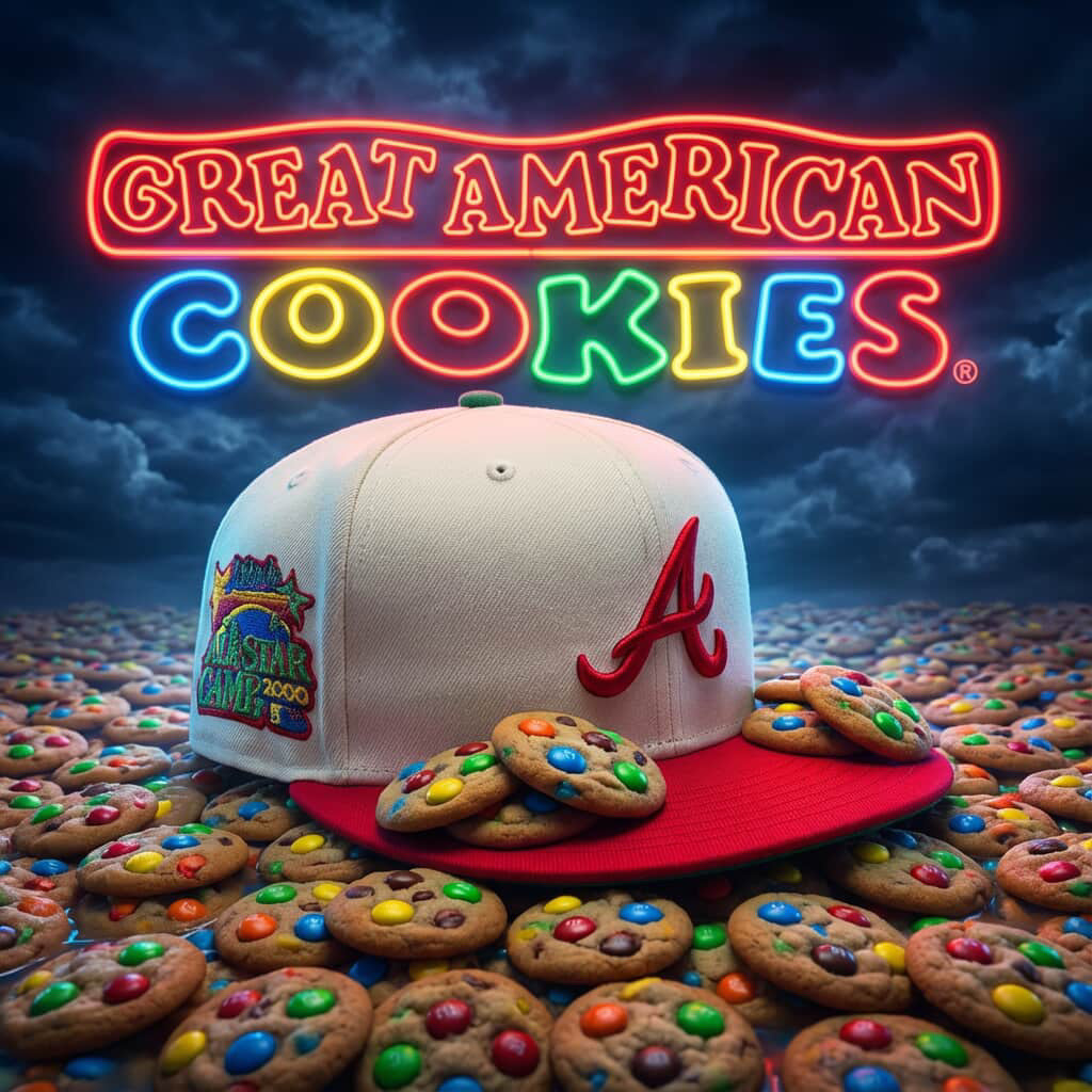New Era fitted cap with All-Star Camp patch surrounded by cookies, hats, fitted caps