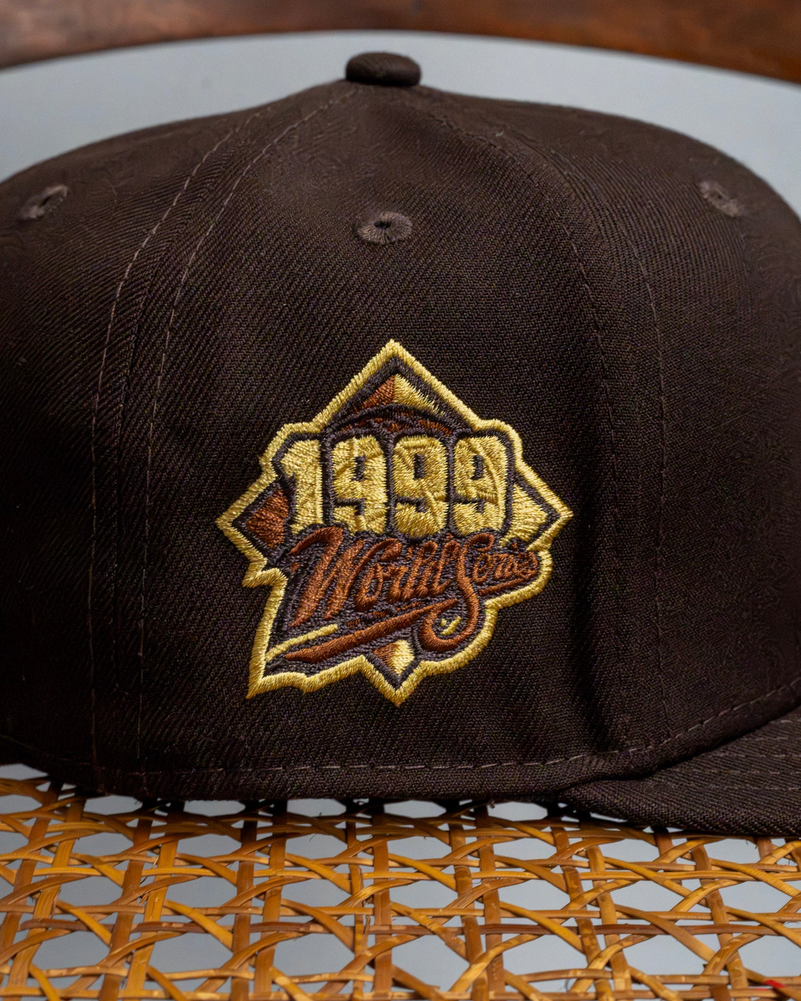 Brown New Era fitted cap with 1989 World Series embroidery, hats, fitted caps