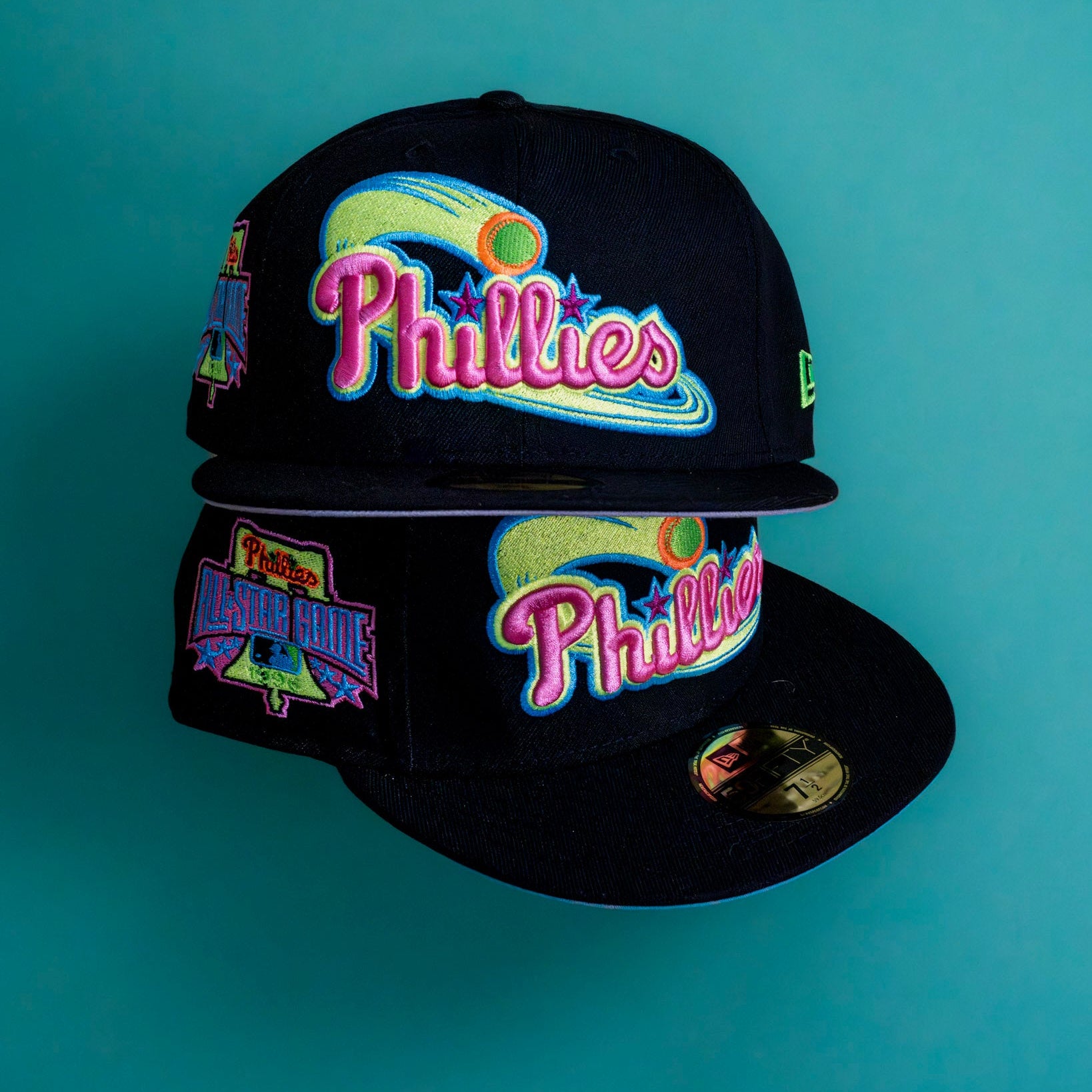 New Era Phillies fitted caps with colorful embroidered logos and All-Star Game patch