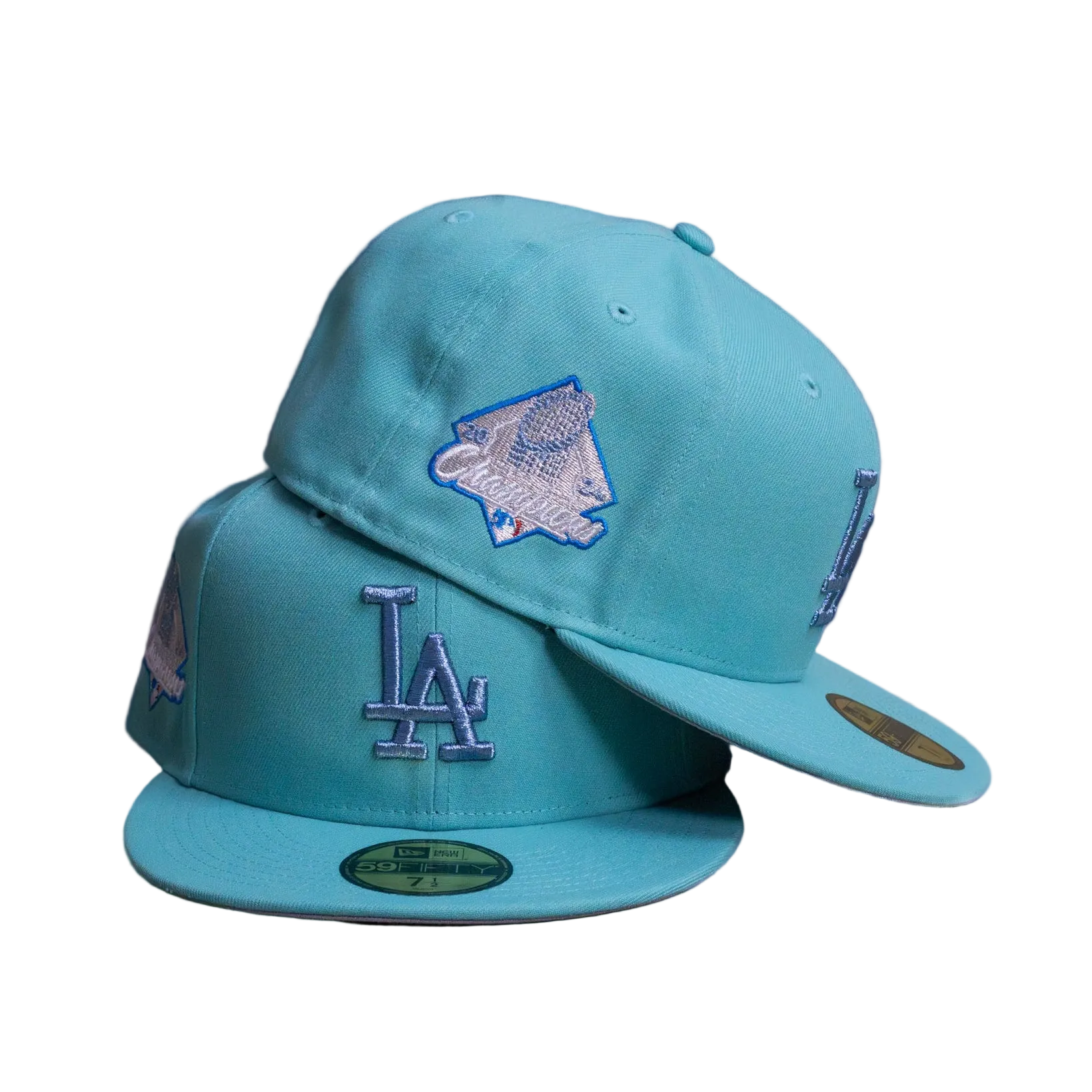 Light blue New Era fitted caps with LA logo, embroidered patches, streetwear hats