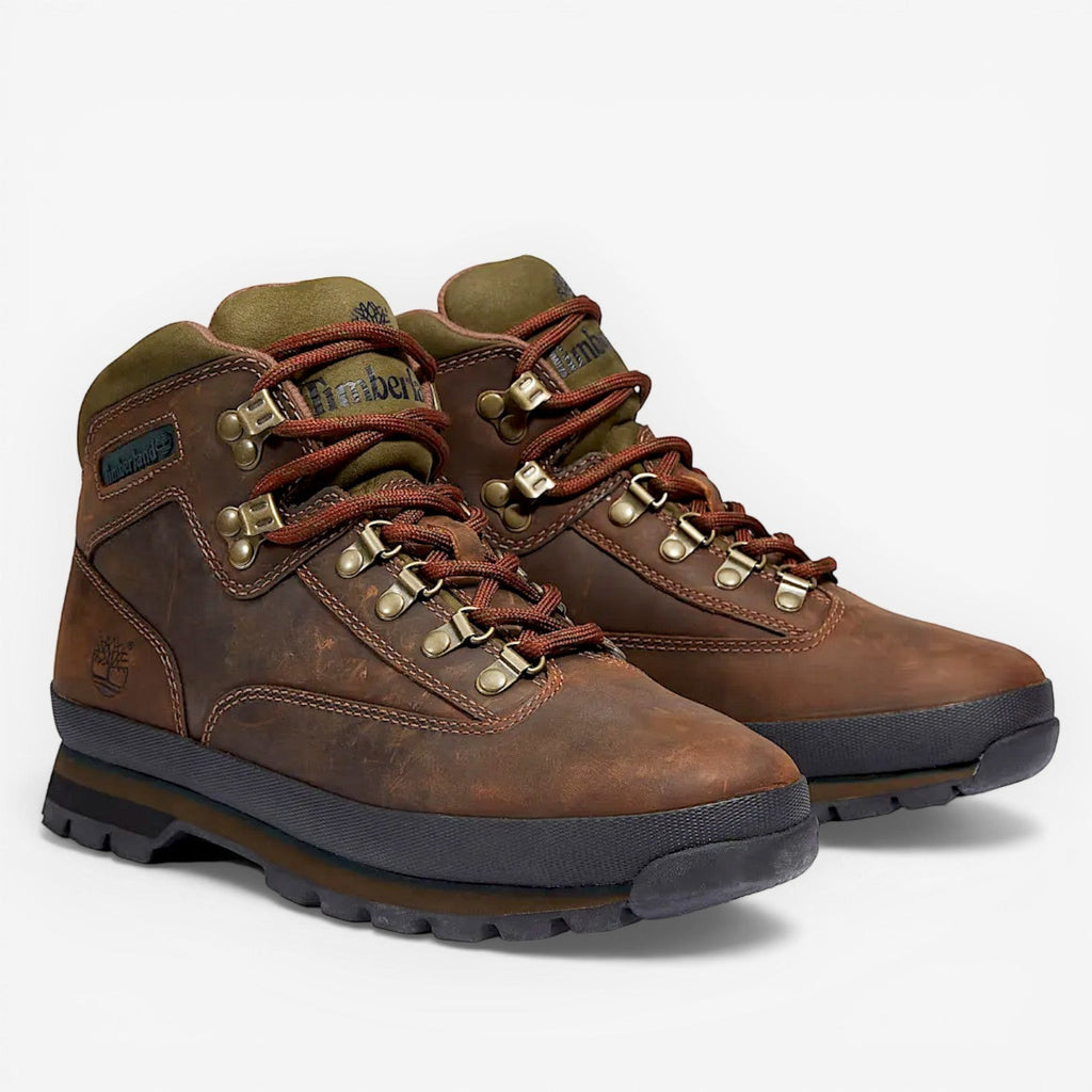 METRO Timberland Euro Hiker Mid brown waterproof leather hiking boots with padded collar and lug sole.