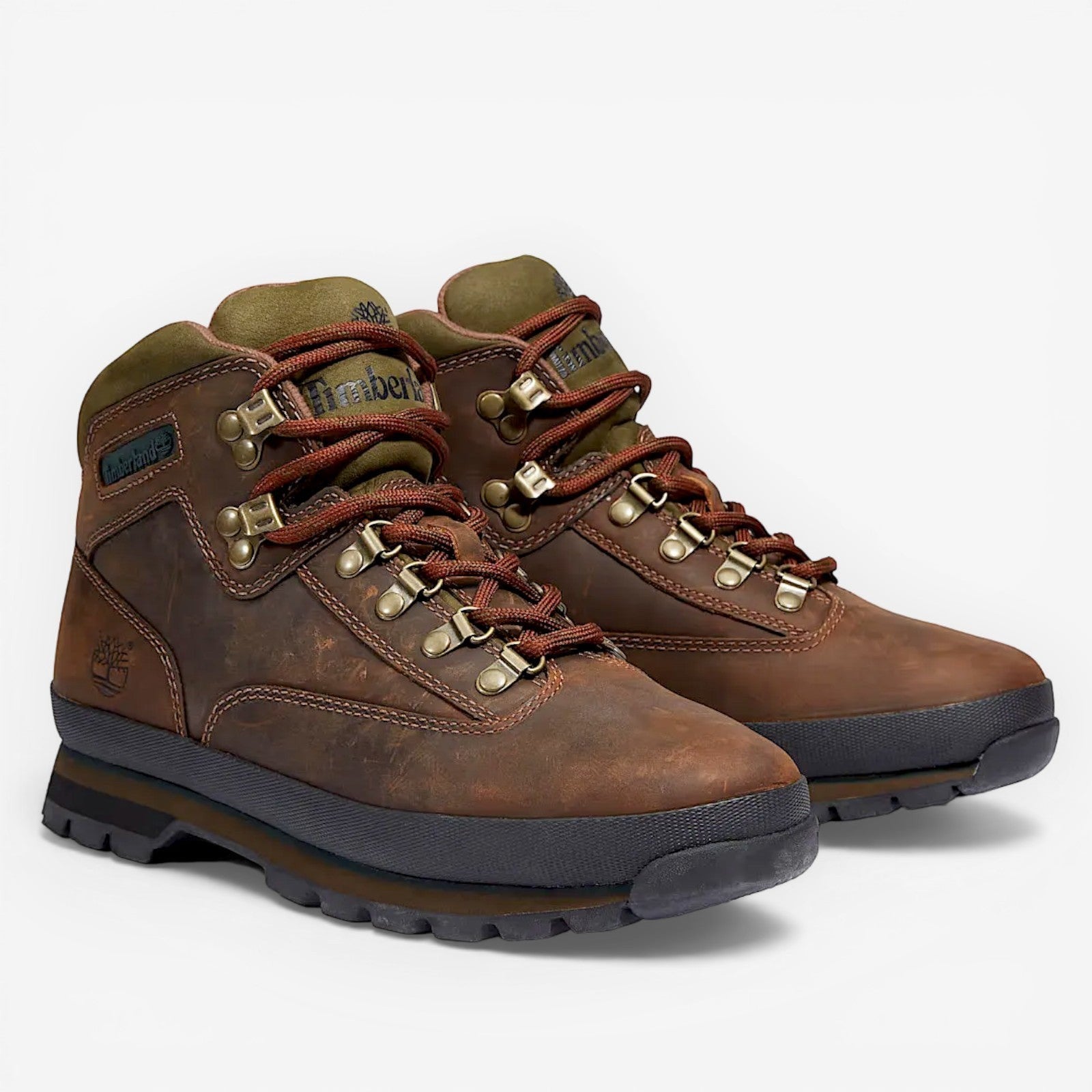METRO Timberland Euro Hiker Mid brown waterproof leather hiking boots with padded collar and lug sole.