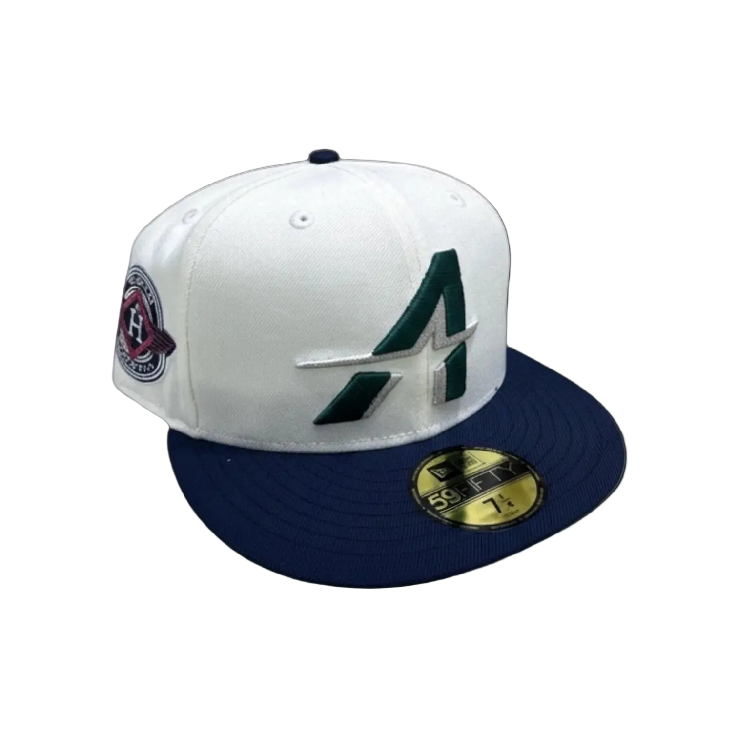 New Era fitted cap with white crown, navy brim, embroidered logo, and side patch