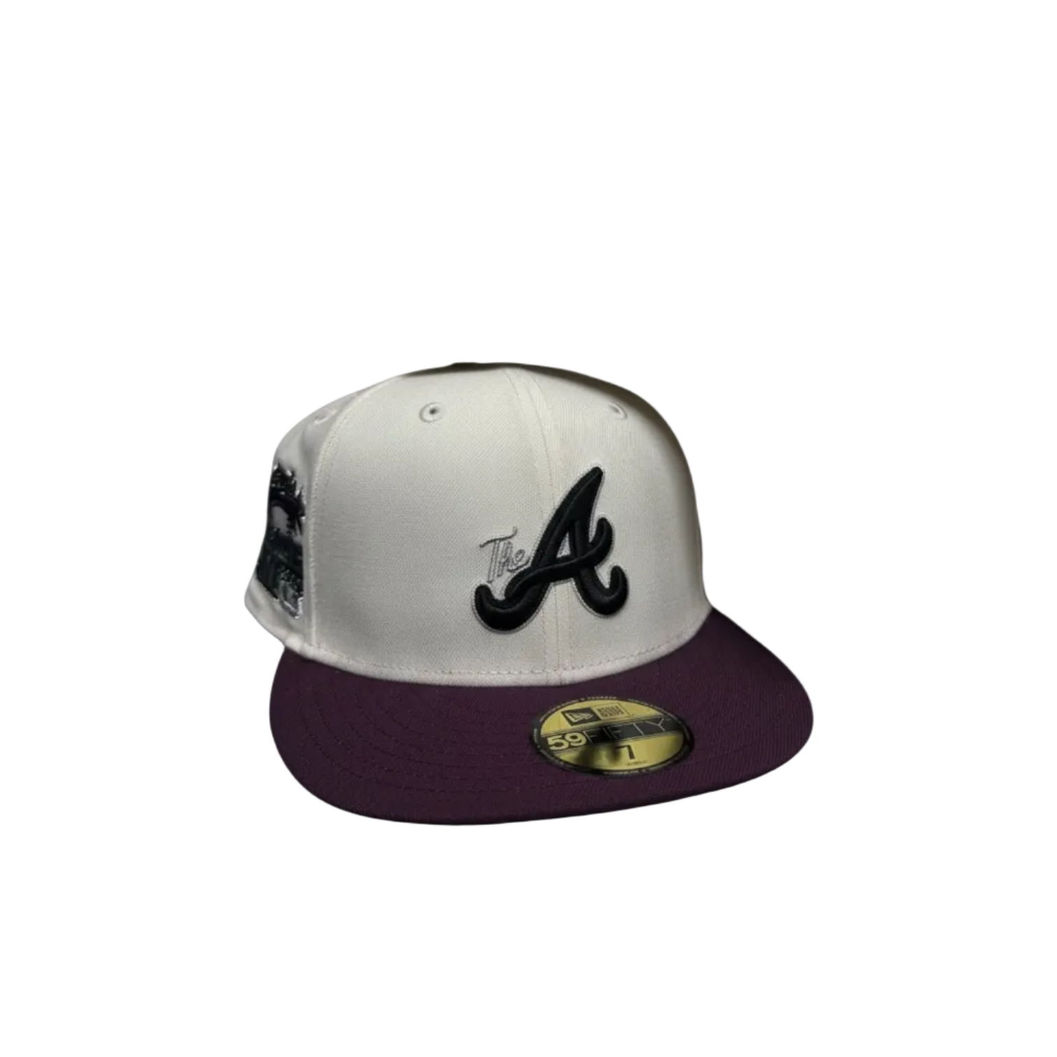 New Era fitted cap with white crown, black A logo, maroon brim, hats, fitted caps