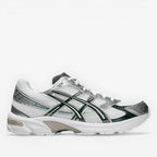 ASICS white and silver sneaker with mesh panels and dark green accents, athletic footwear