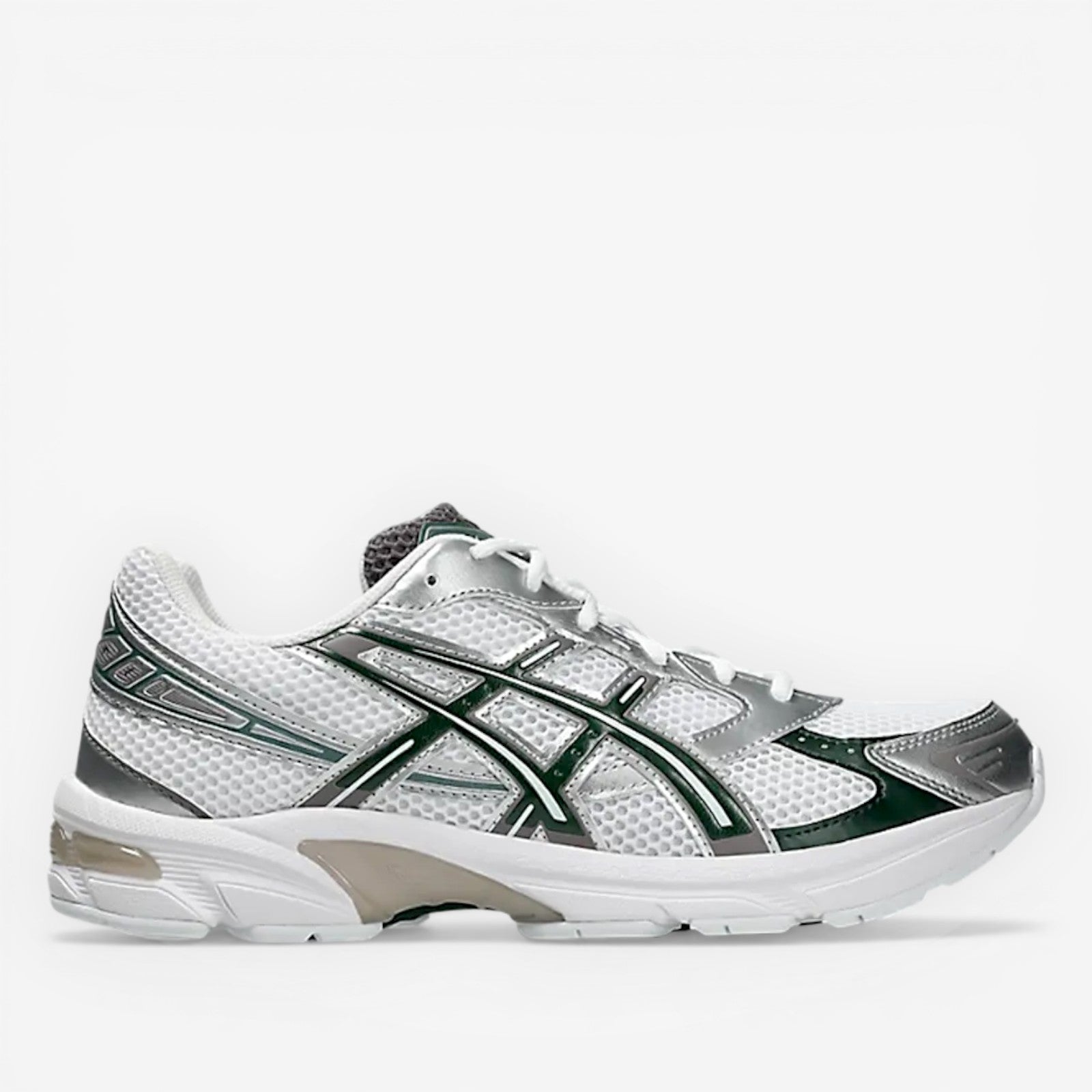 ASICS white and silver sneaker with mesh panels and dark green accents, athletic footwear