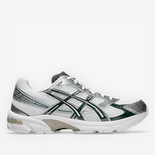 ASICS white and silver sneaker with mesh panels and dark green accents, athletic footwear