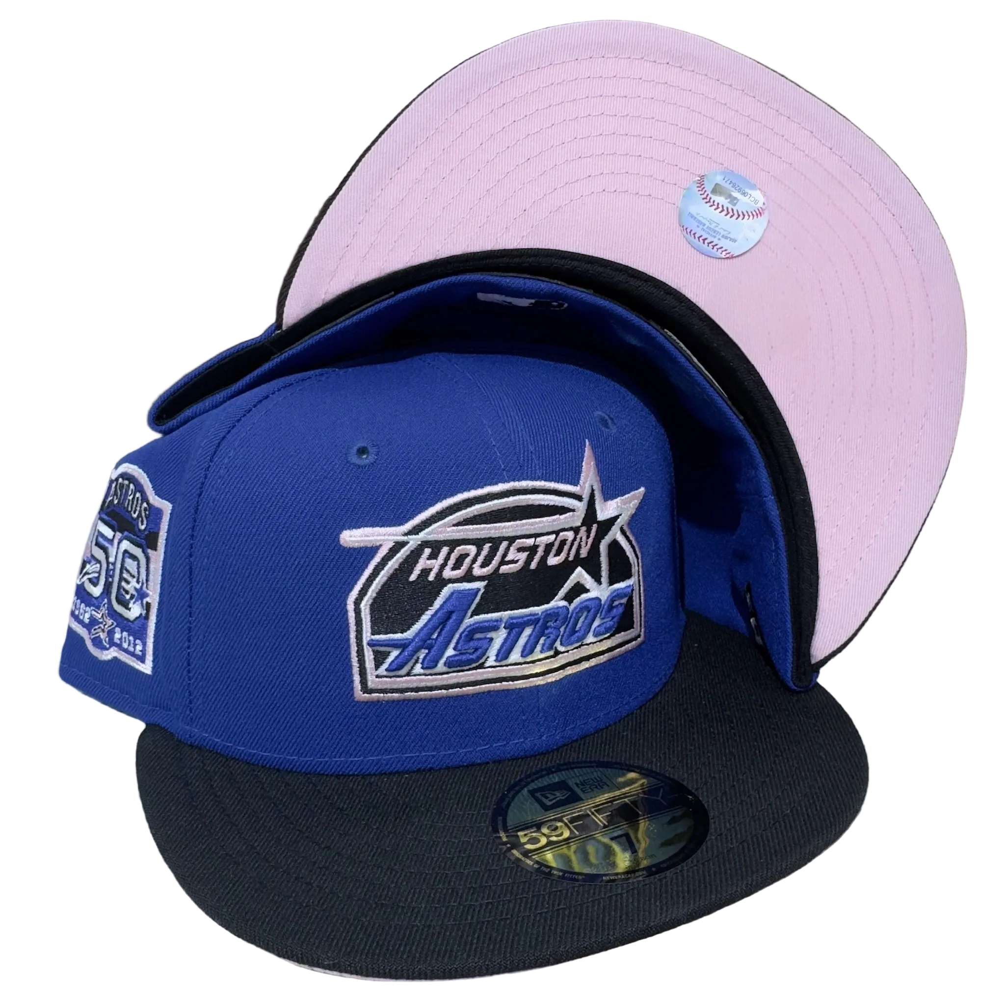 Houston Astros New Era fitted cap in blue, with 50th anniversary patch and baseball underbrim