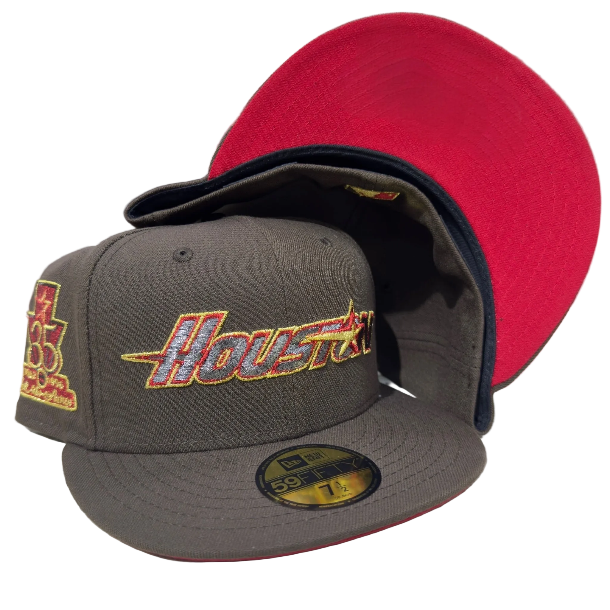 Houston New Era fitted cap with red underside, embroidered logo and side patch, hats, fitted caps