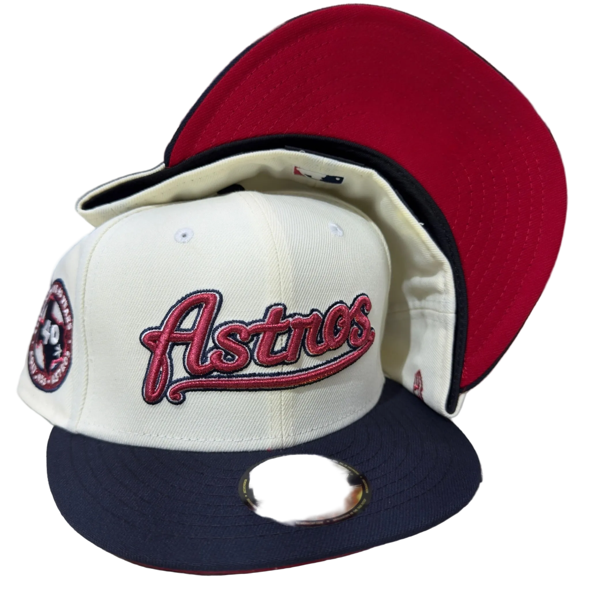 New Era fitted caps, cream and navy Astros hats with patch and red underbrim, hats