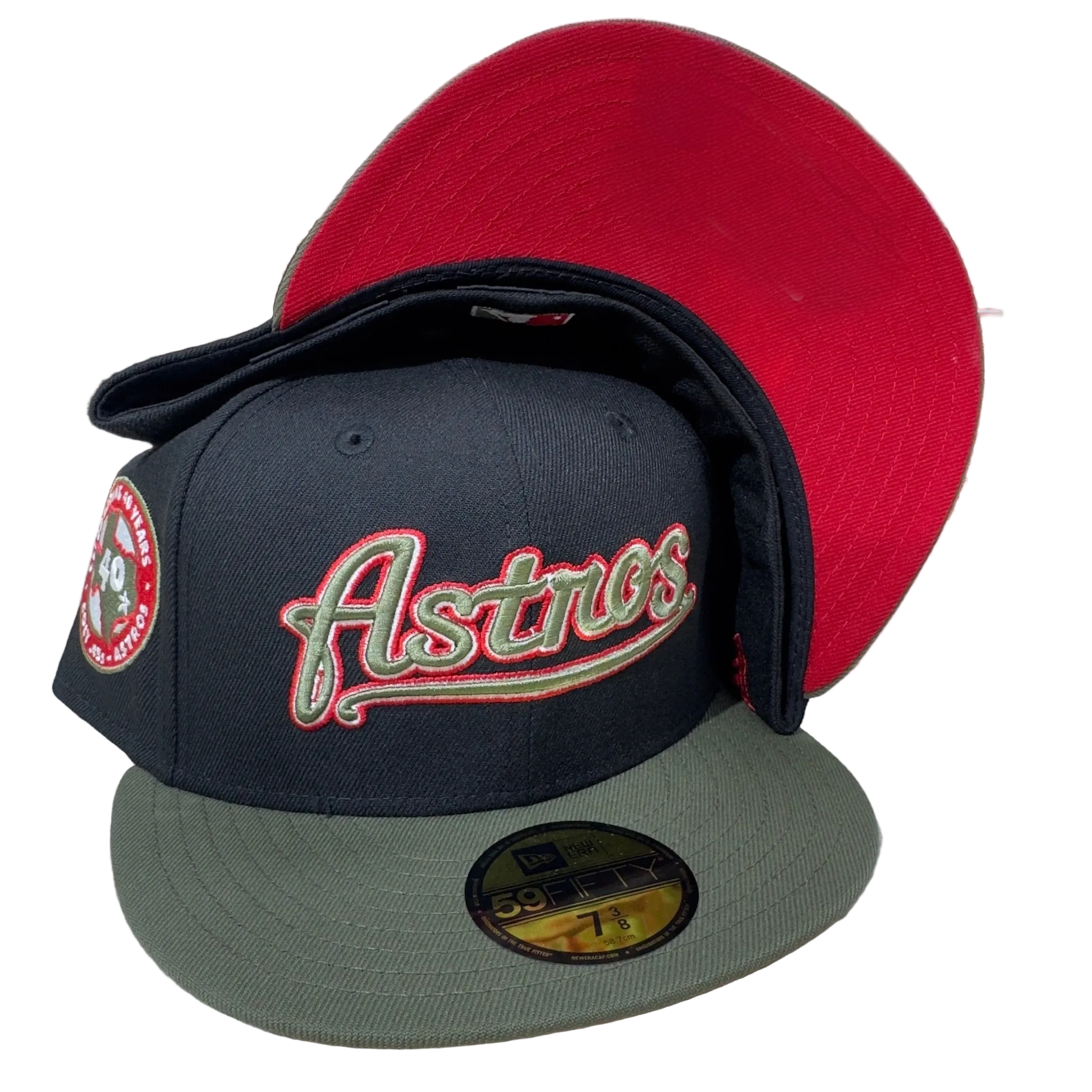 New Era Astros fitted caps, dark crown, olive brim, red undervisor, side patch, hats