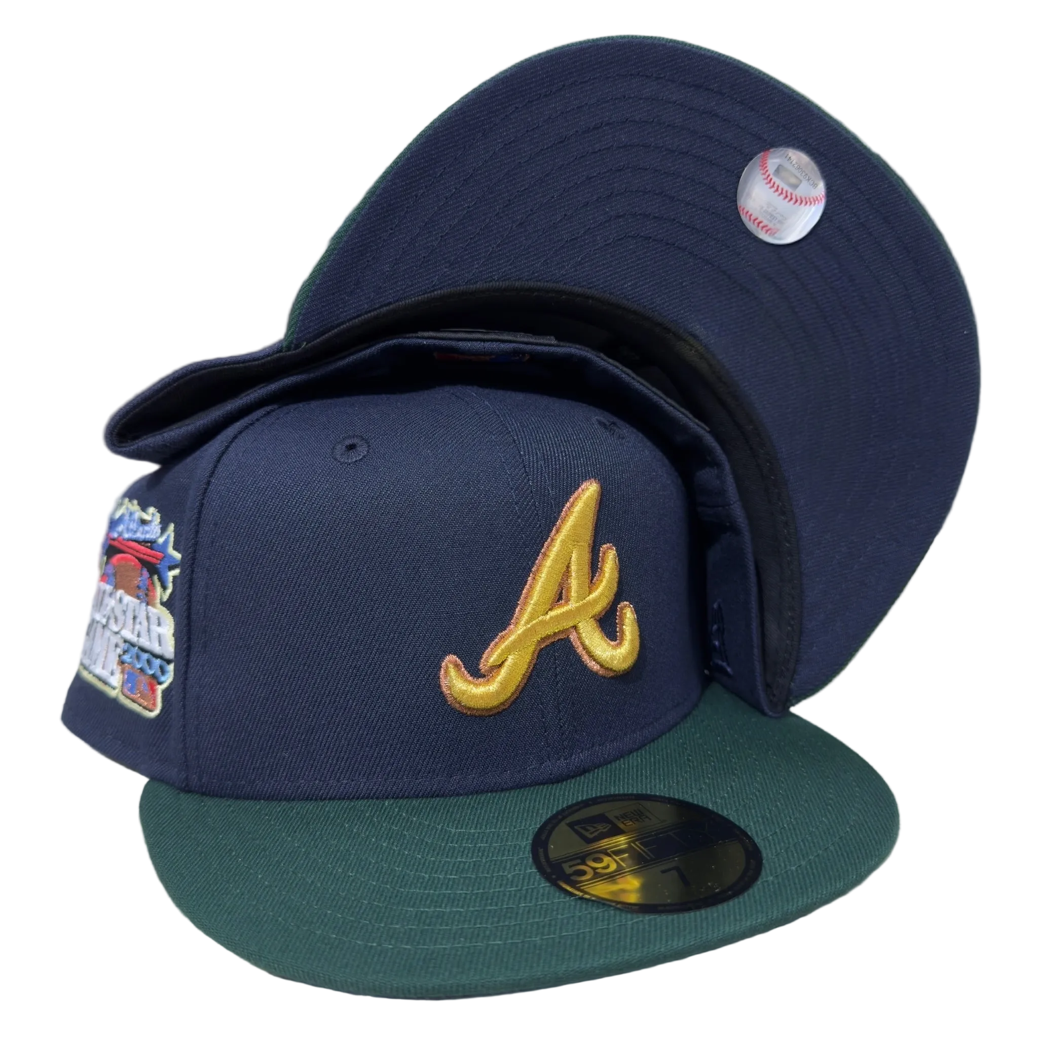 New Era fitted cap with gold A logo, All Star patch, navy crown, and green brim, hats, fitted caps