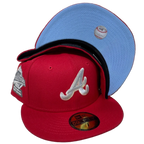 Red New Era fitted cap with white A logo, World Series patch, and light blue underbrim