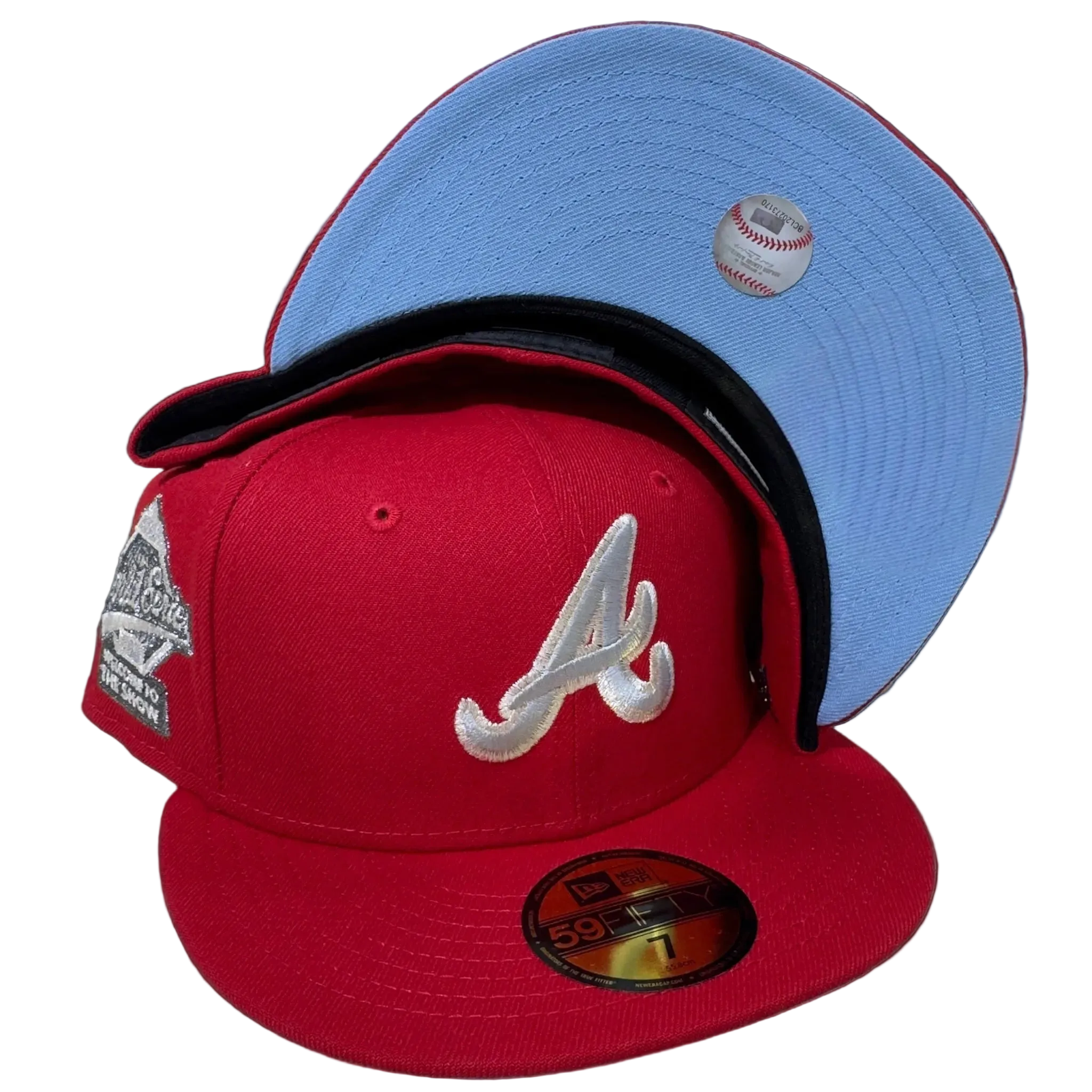 Red New Era fitted cap with white A logo, World Series patch, and light blue underbrim
