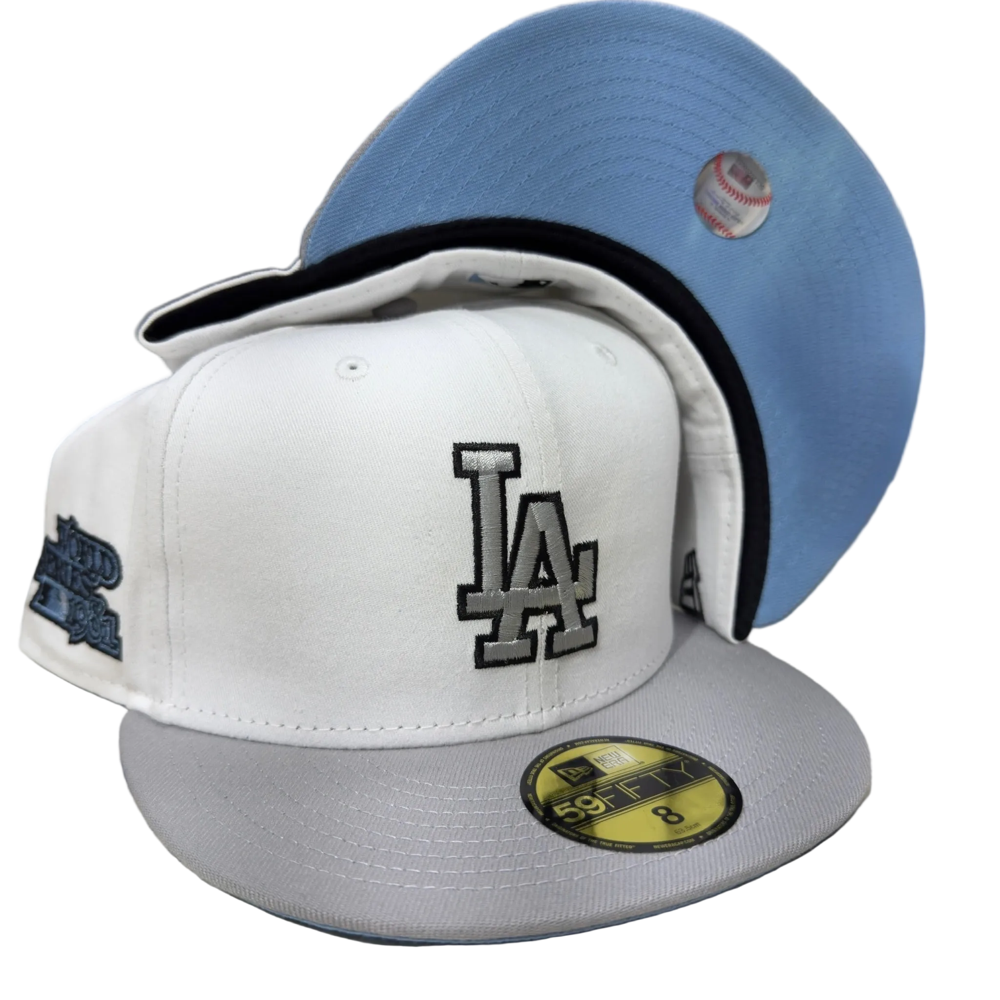 new era fitted caps with LA logo, white and light grey hats, stylish headwear