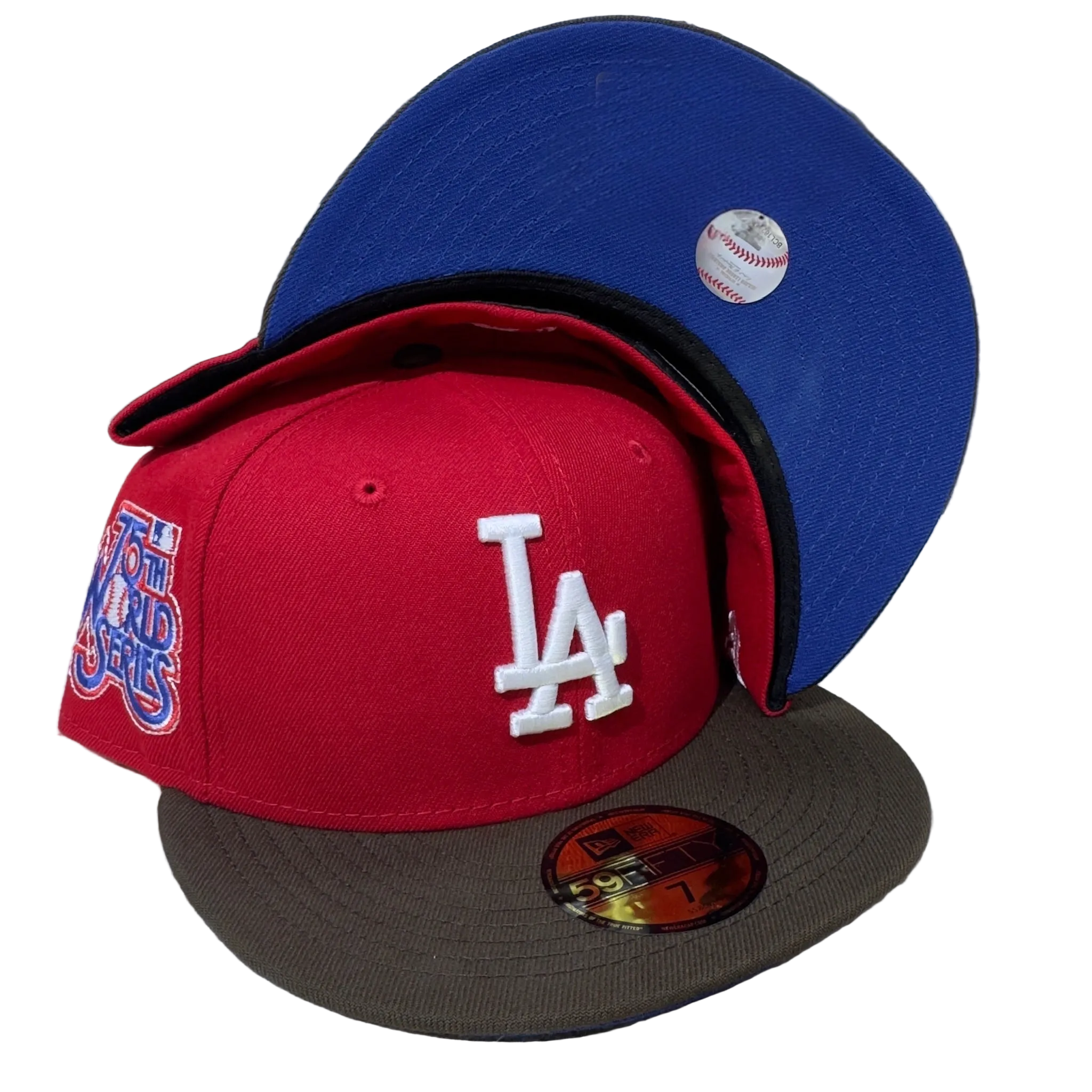 red New Era fitted cap with LA logo, 70th World Series patch, blue underbrim, hats