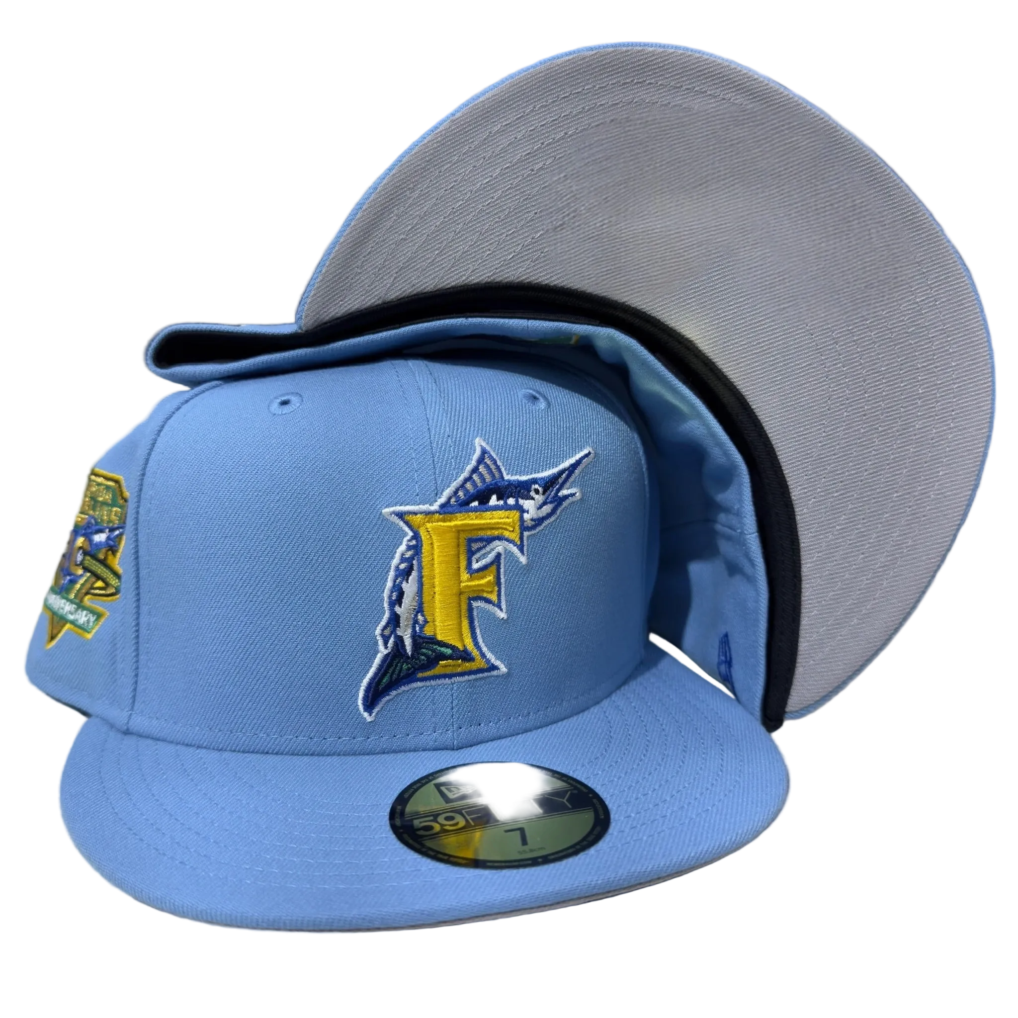 Light blue New Era fitted cap with embroidered fish logo, hats, fitted caps, new era