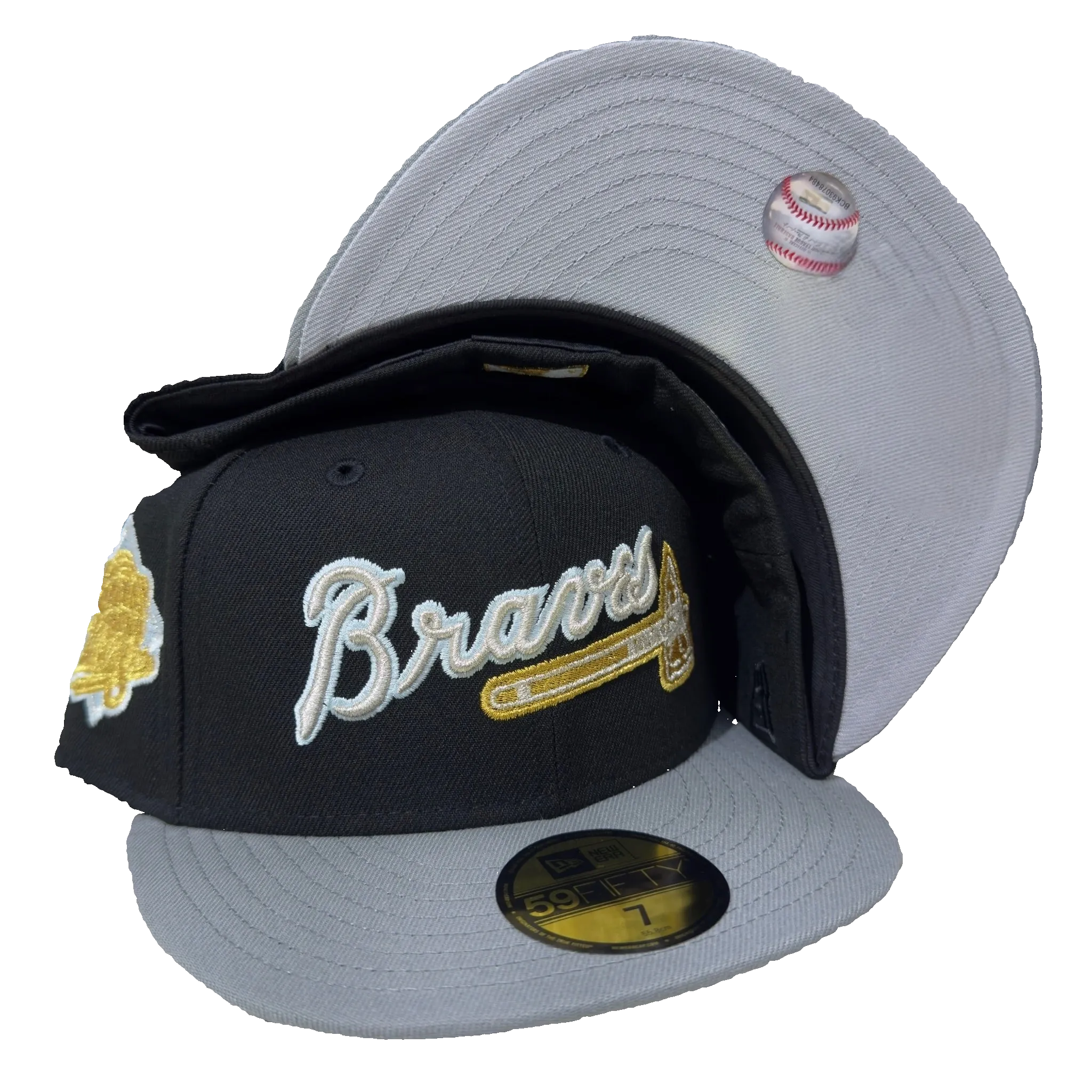 New Era fitted cap with Braves embroidery, grey brim, baseball detail, hats, fitted caps