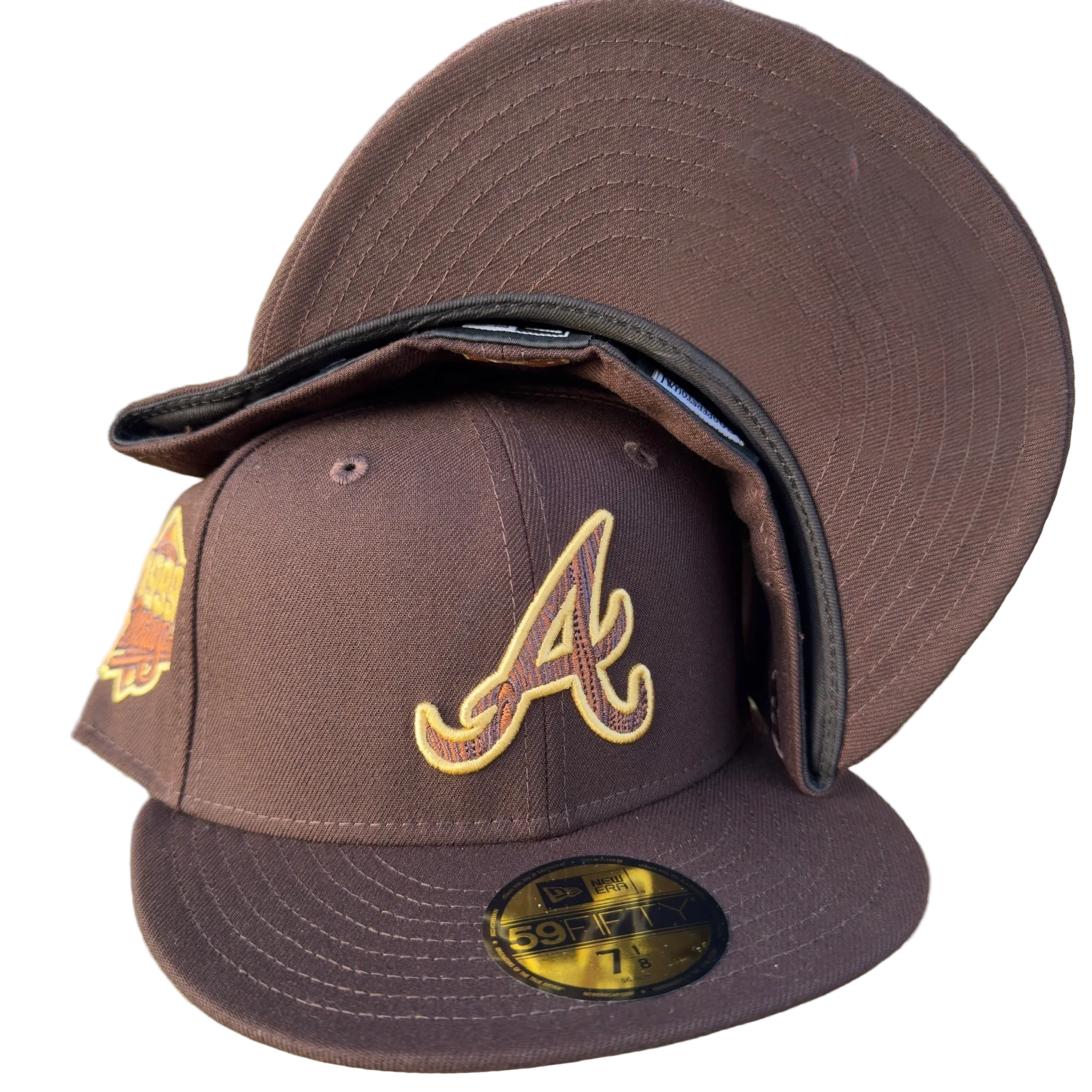 Brown New Era fitted cap with gold A logo and patch, hats, fitted caps