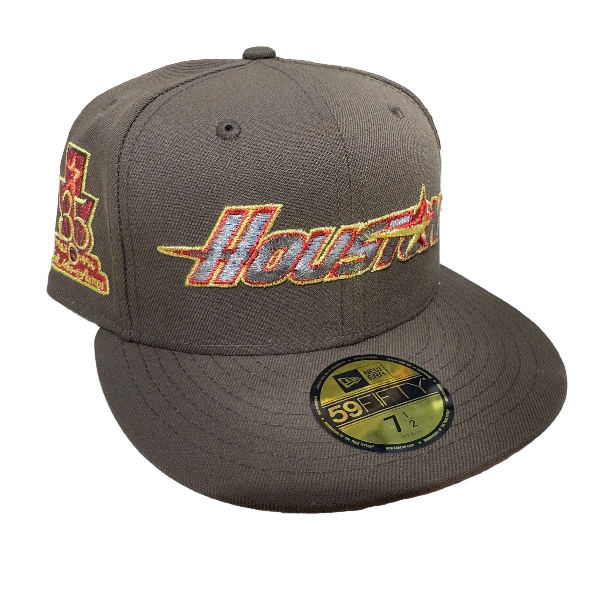 Brown New Era fitted cap with Houston embroidery, side patch, and 59FIFTY sticker, hats