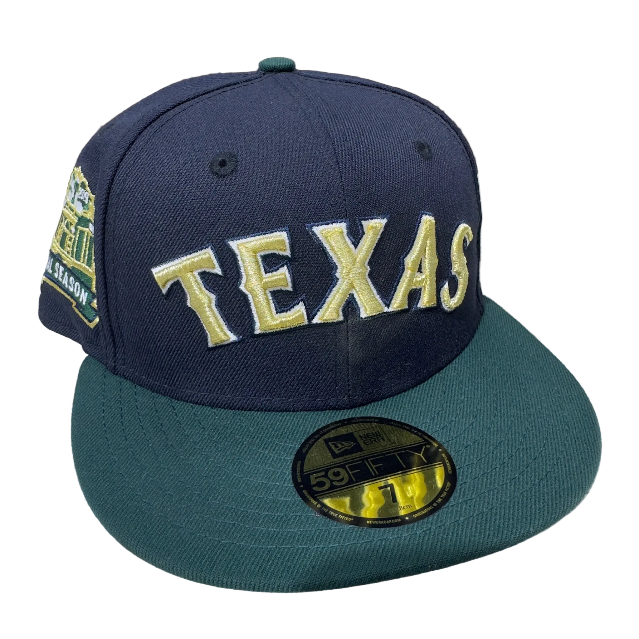 New Era fitted cap with 'TEXAS' embroidered, dark crown and green visor, hats, fitted caps