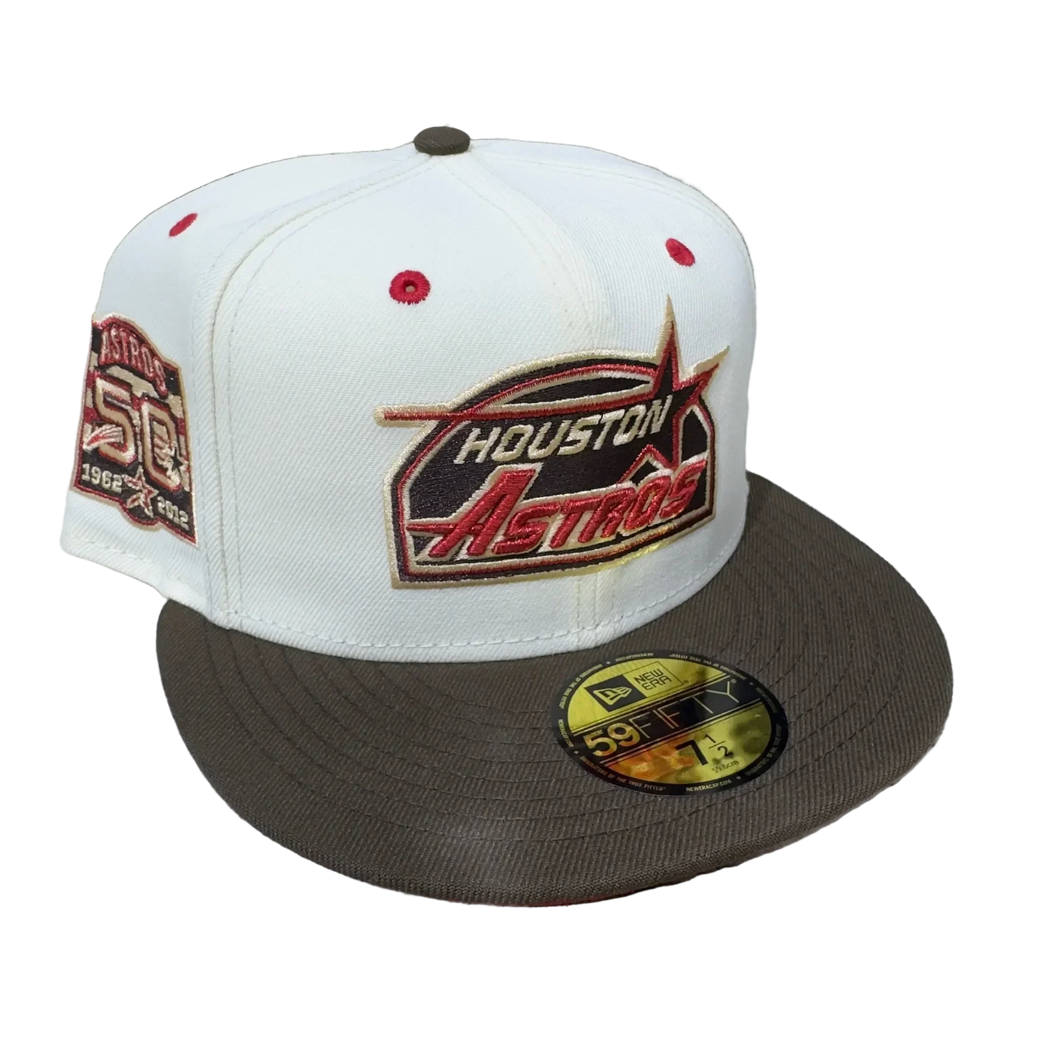 New Era fitted cap, Houston Astros logo, white crown, brown brim, embroidered side patch, hats