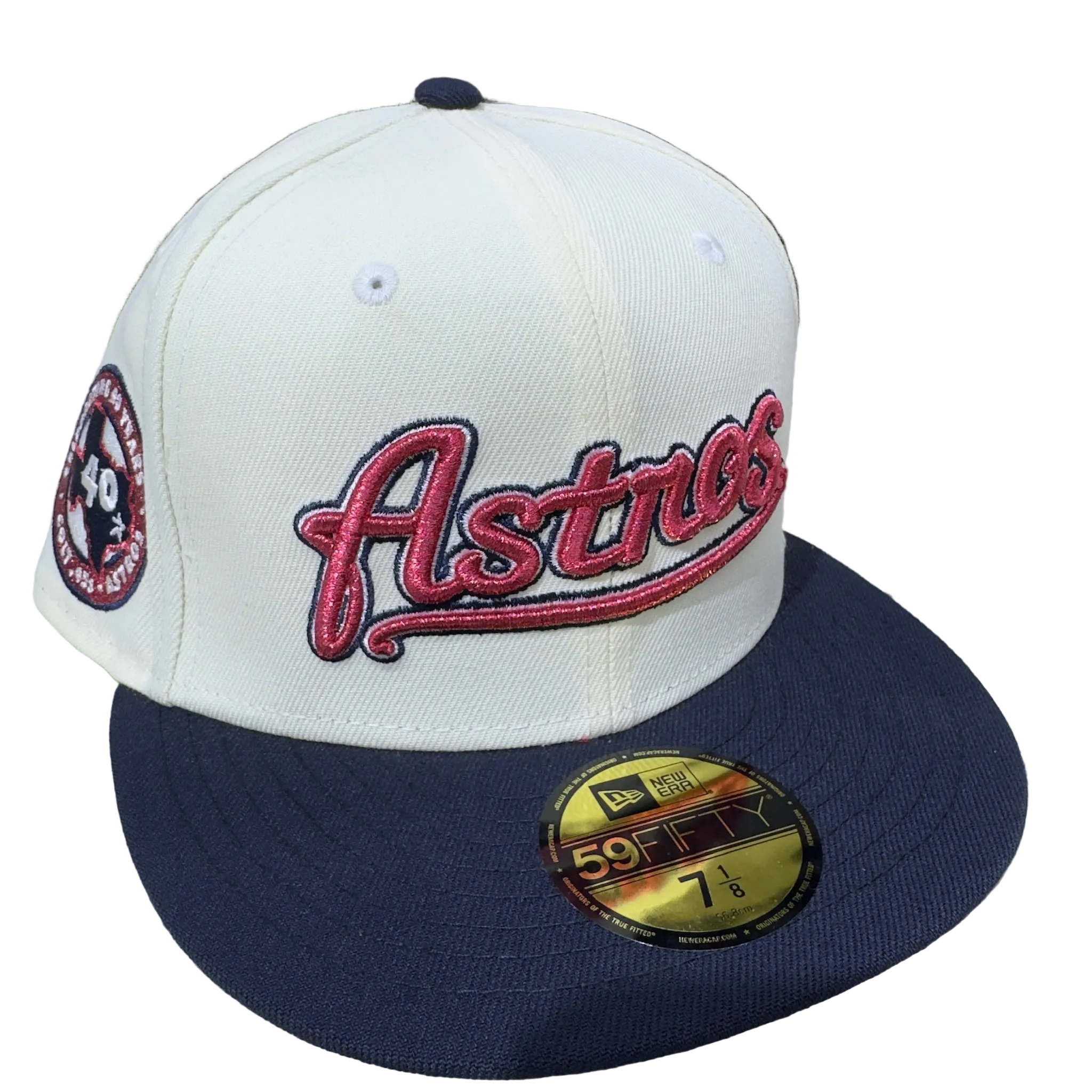 New Era Astros fitted cap with 40th anniversary patch, cream crown, and navy brim