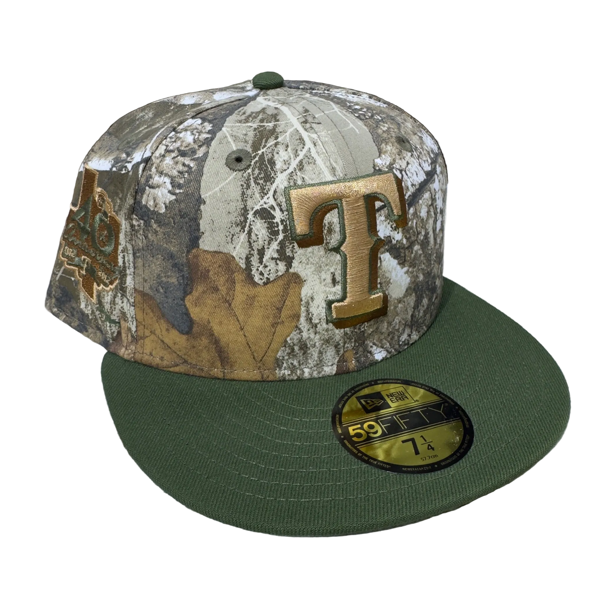 New Era fitted cap with camo pattern, gold T logo, green visor, sneakers, hats, fitted caps