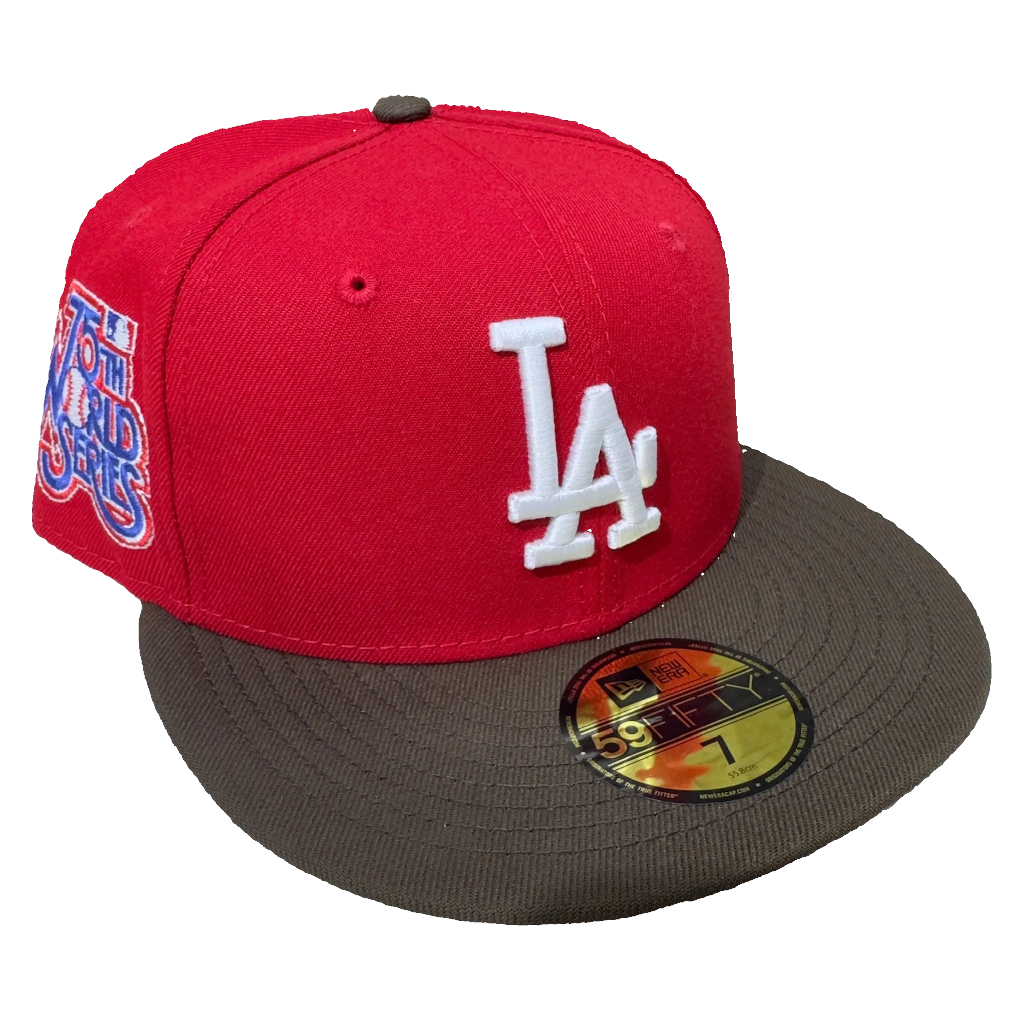 New Era fitted cap, red crown, brown brim, LA logo, 70th World Series patch, hats, fitted caps