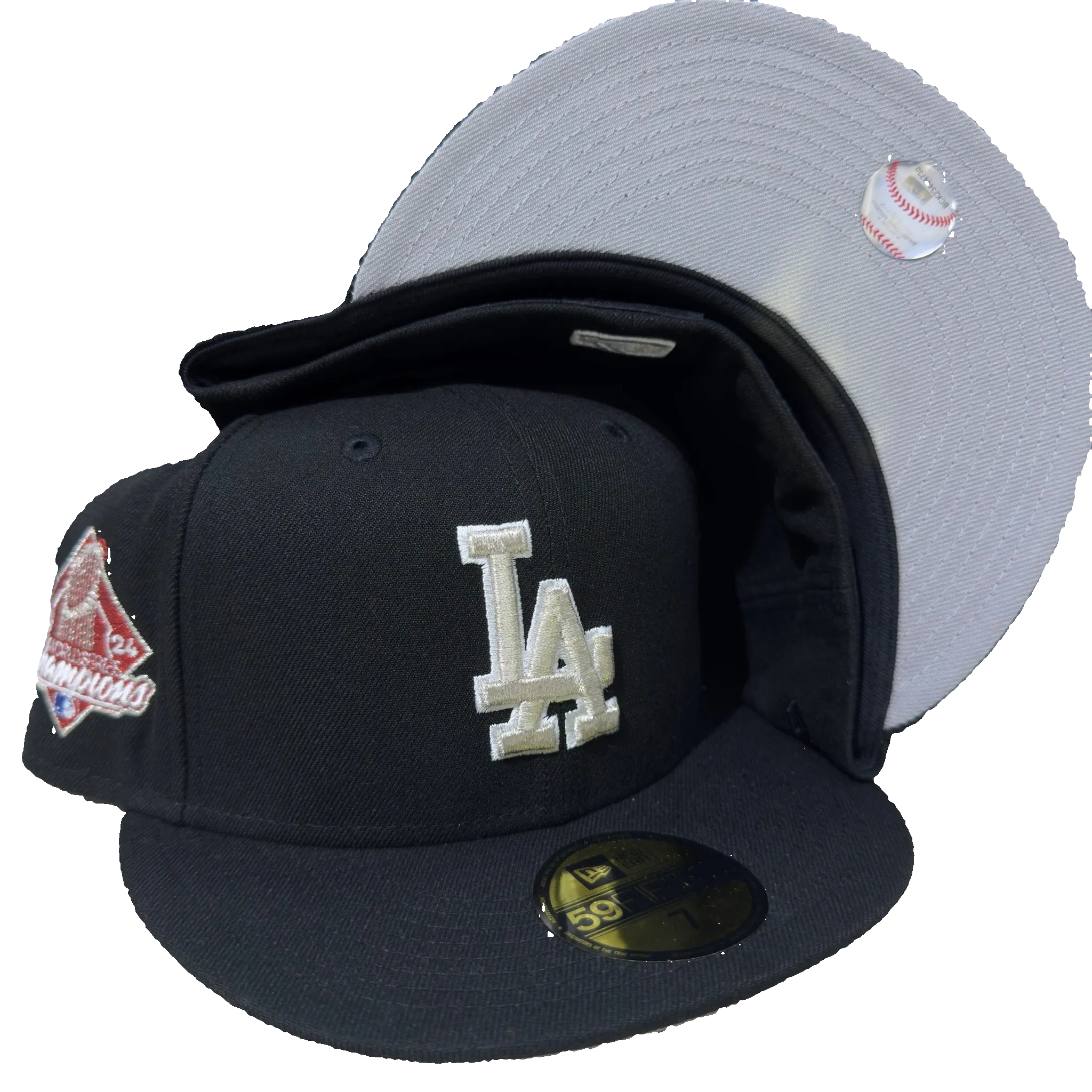 New Era fitted cap, black with LA logo, side patch, and underbrim baseball graphic, hats, fitted caps