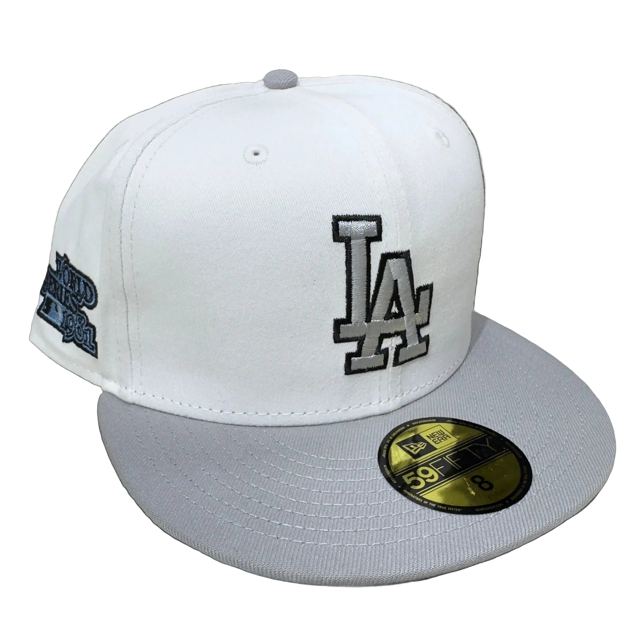 White and gray New Era fitted cap with LA logo, hats, fitted caps, sneakers, new balance, asics