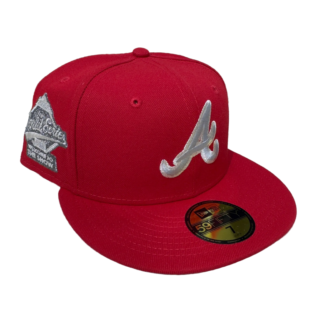 Red New Era fitted cap with white embroidered logo and World Series patch, hats, fitted caps