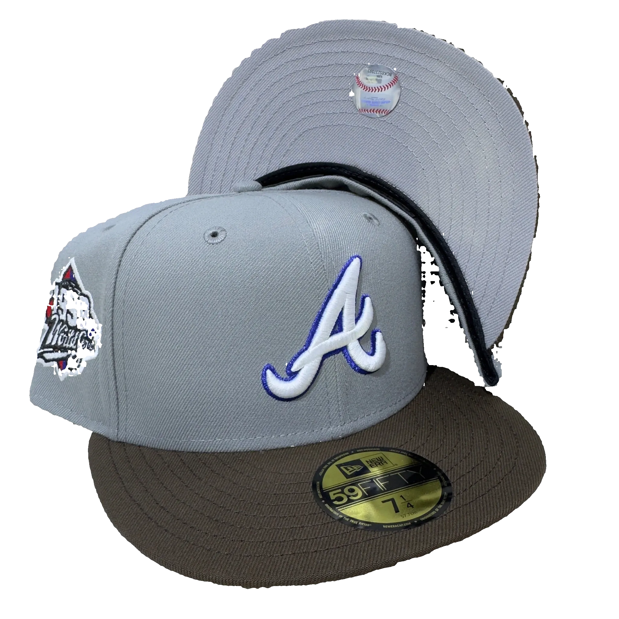 Gray New Era fitted cap with embroidered A logo, hat patch, brown brim, and baseball detail.