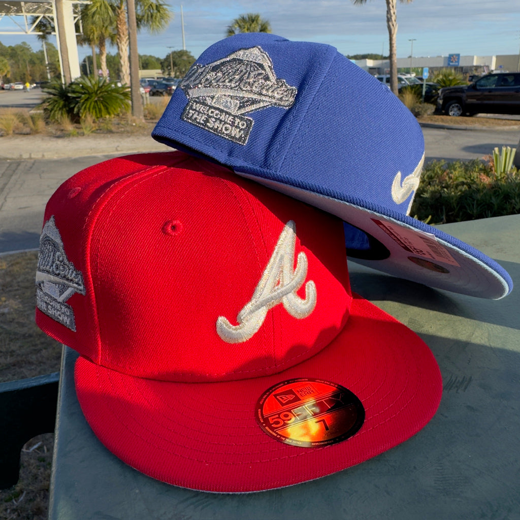 New Era fitted caps in red and blue with embroidered logos, sneakers, hats, streetwear accessories