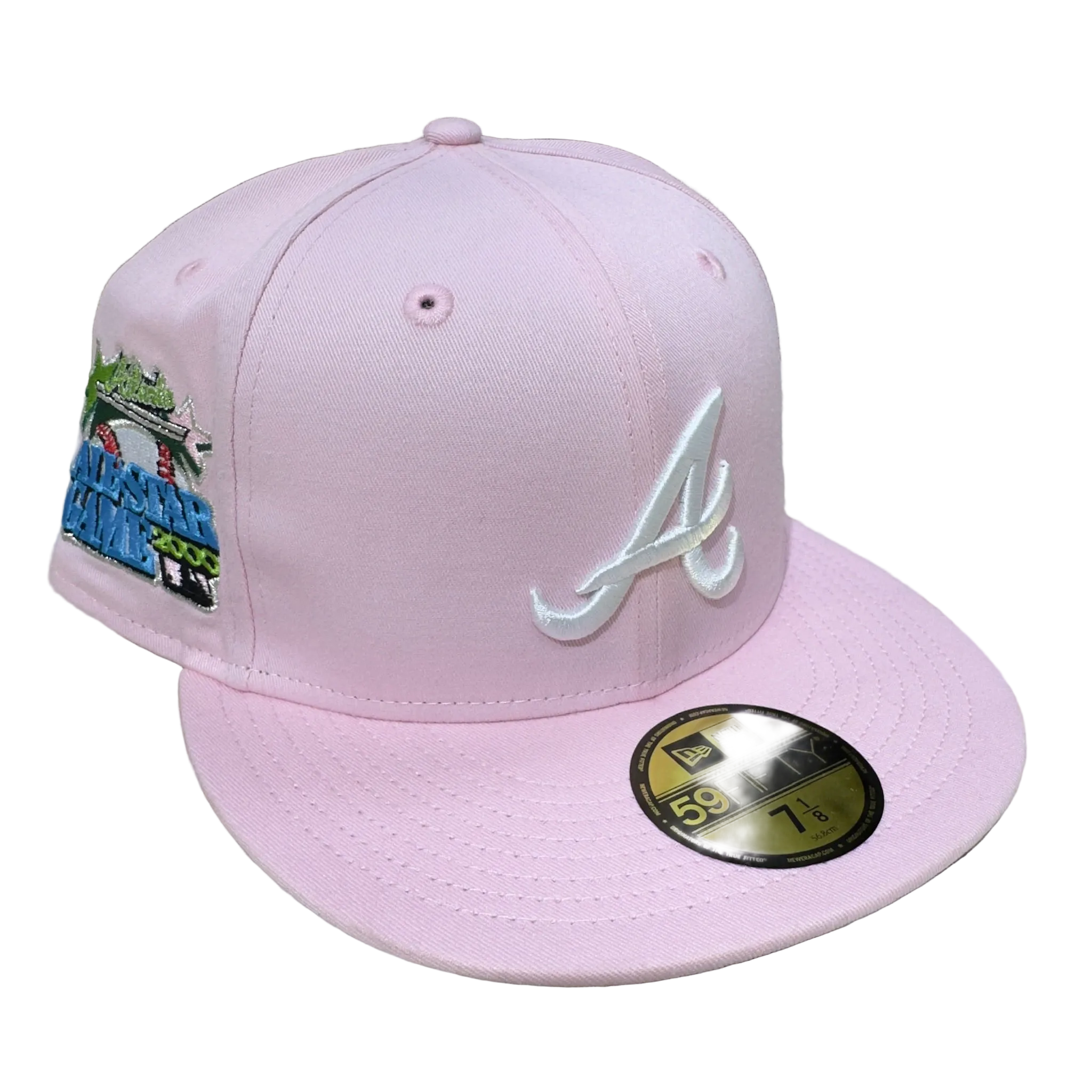Pink New Era fitted cap with white embroidered letter, side patch embroidery, hats, fitted caps