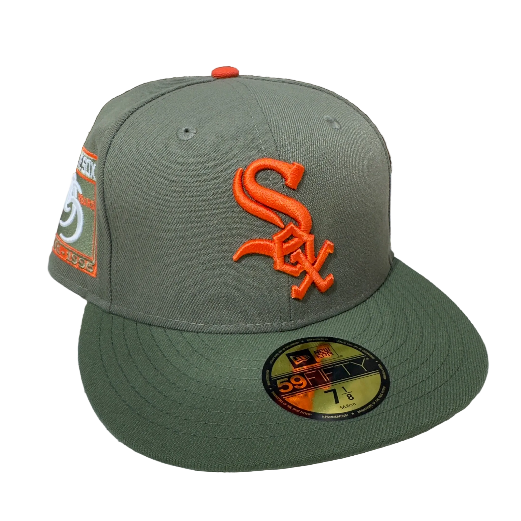 Olive fitted cap with orange embroidered logo, New Era patch, and side patch, hats, fitted caps