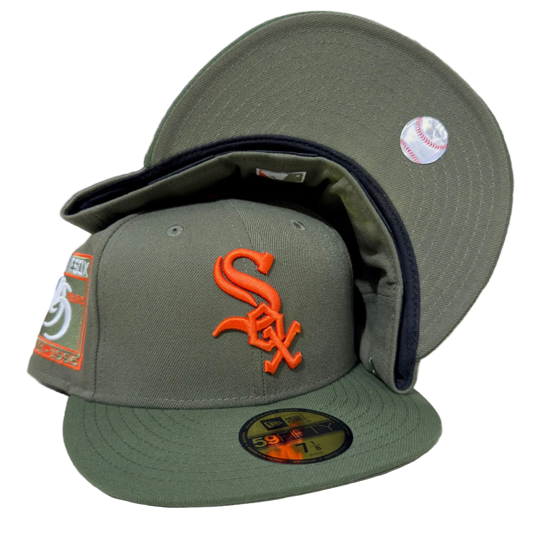 Olive green New Era fitted cap with orange Sox logo and side patch, hats, fitted caps
