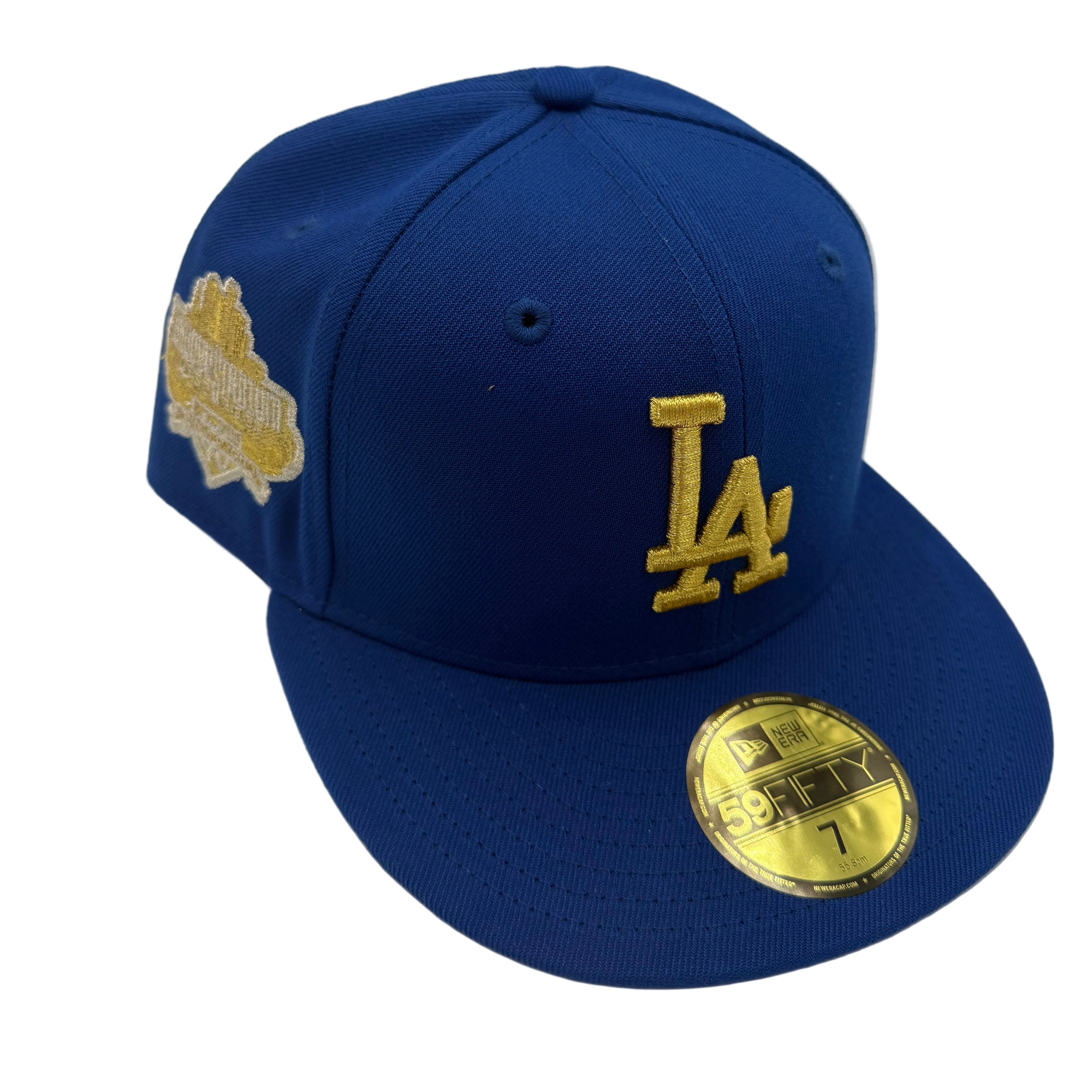 Blue New Era fitted cap with gold LA logo and patch, fitted caps, hats