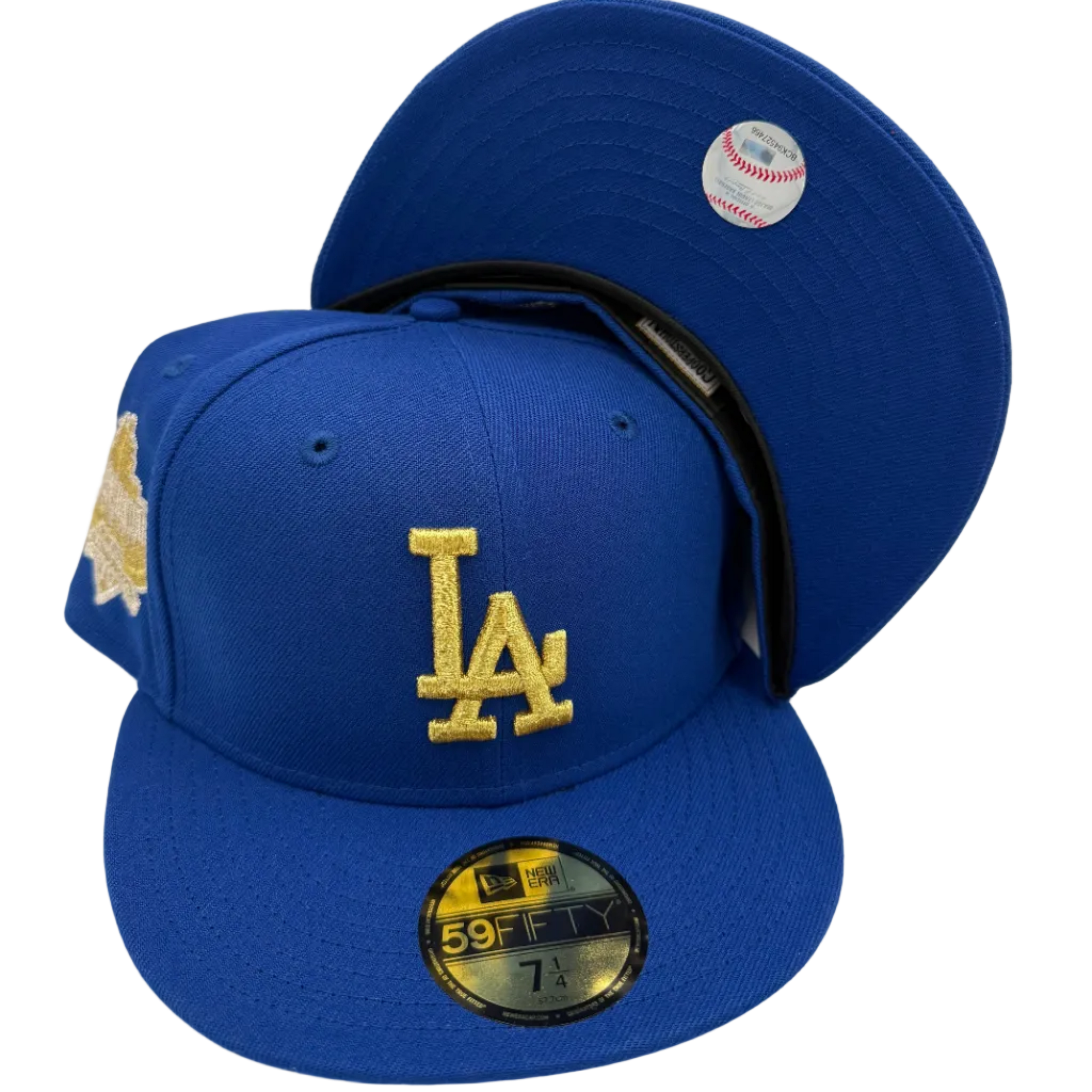 Blue New Era fitted cap with gold LA logo and baseball patch, hats, fitted caps