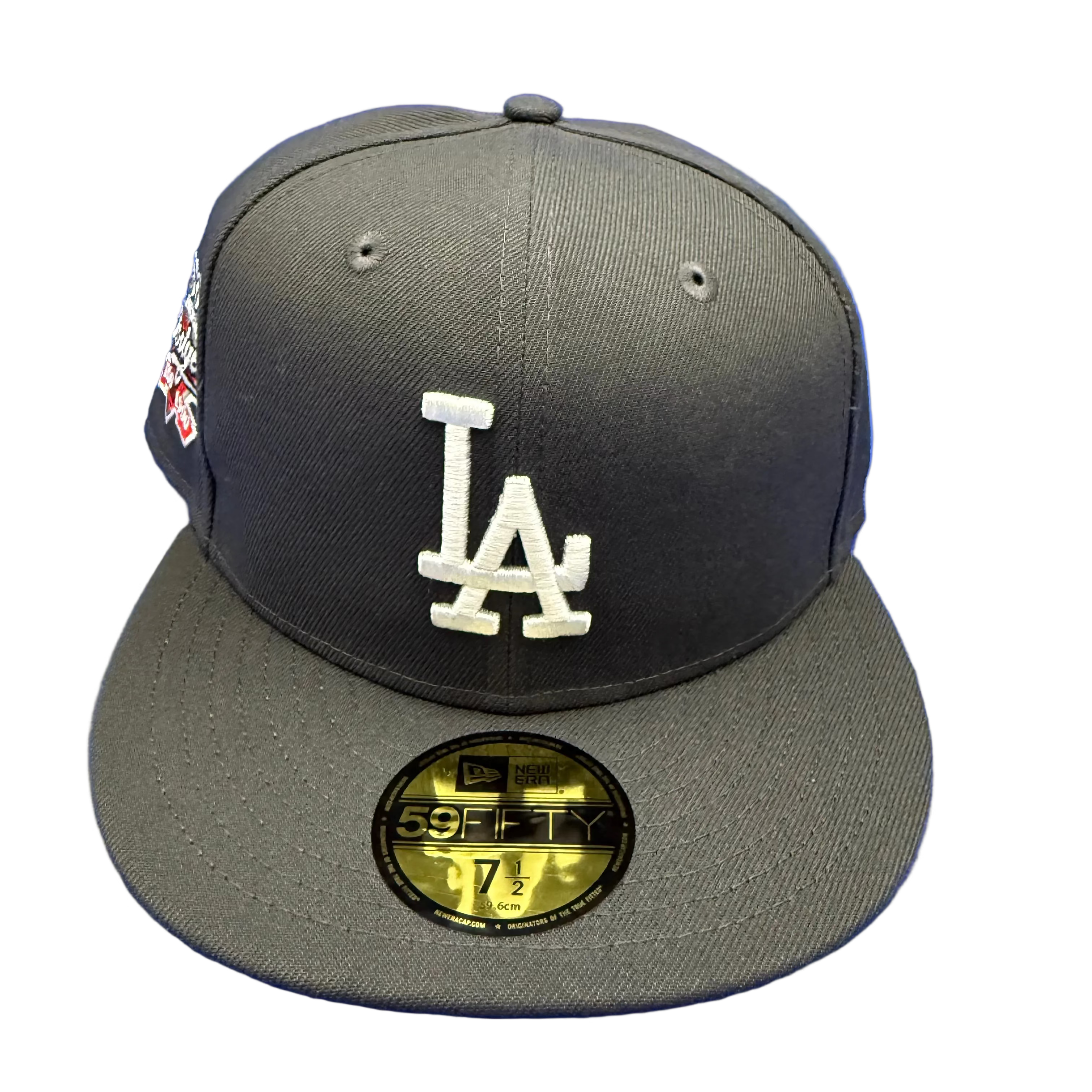 New Era fitted cap with LA logo, dark color, flat brim, sticker on brim, hats, fitted caps
